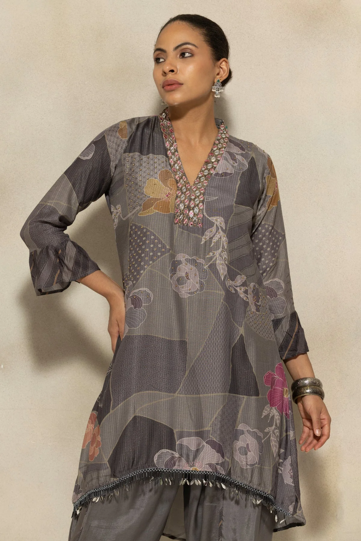 Grey Printed Kurta 2 Pcs Set - Image 7