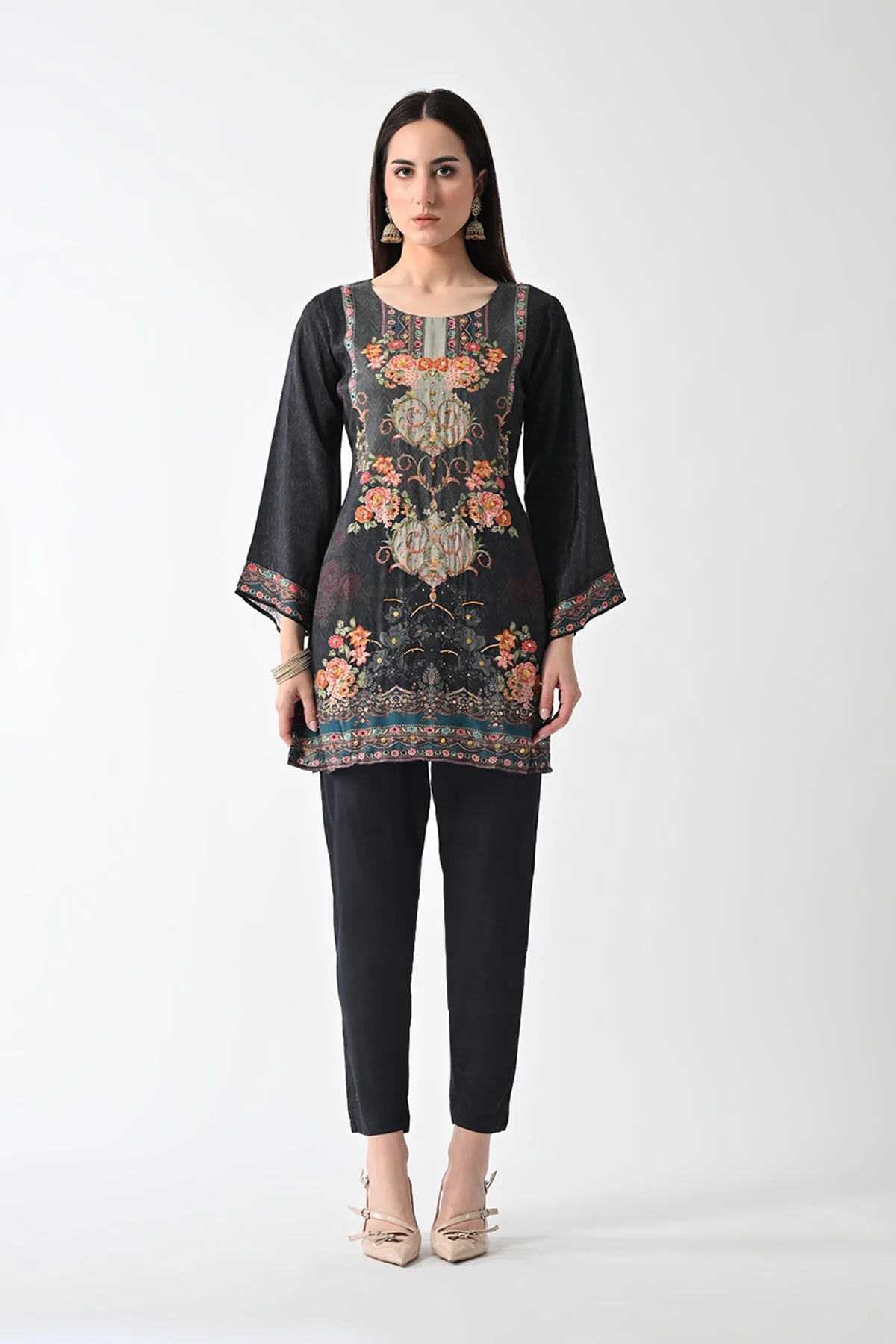 Grey Printed Straight Kurta 2 Pcs Set