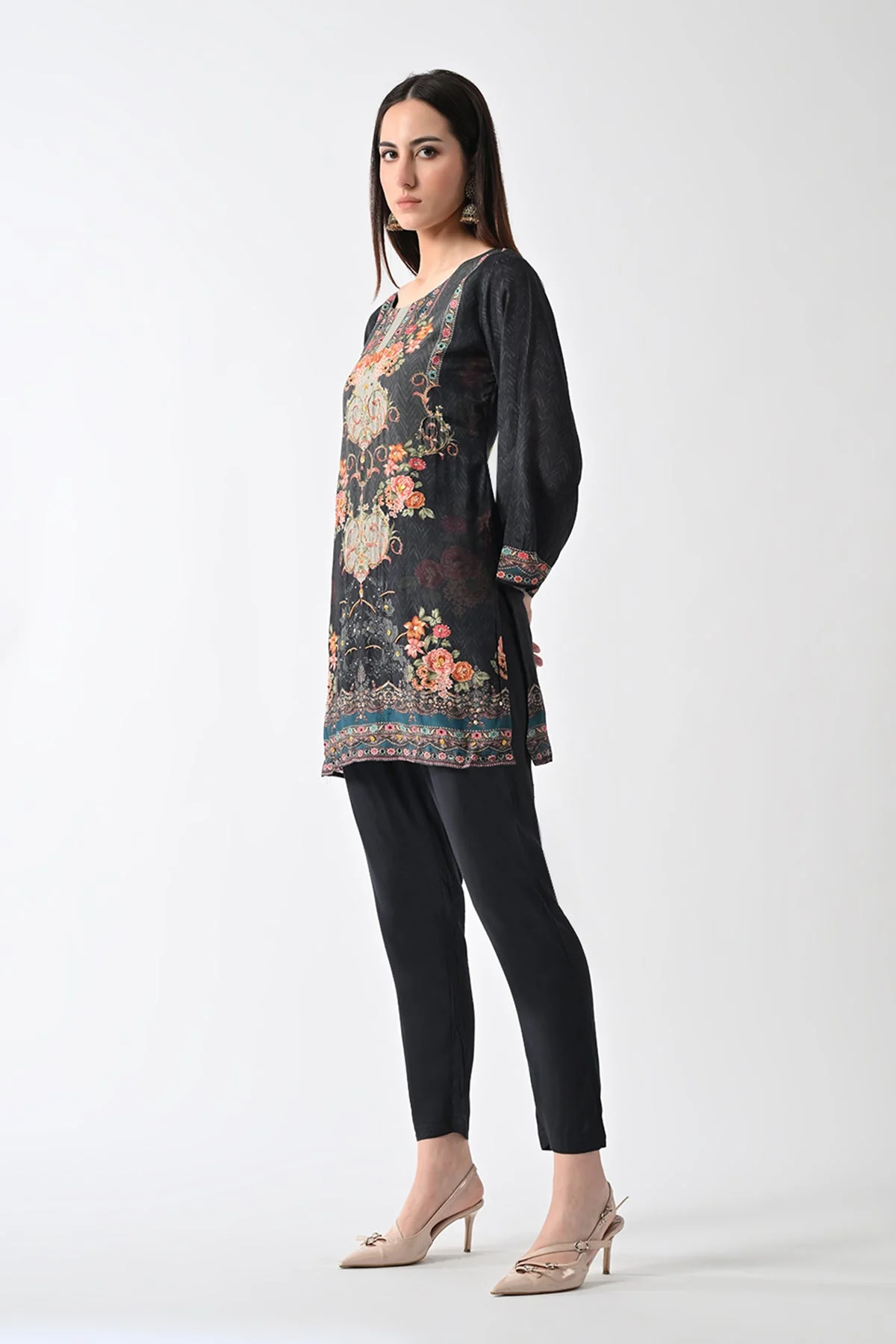 Grey Printed Straight Kurta 2 Pcs Set - Image 2