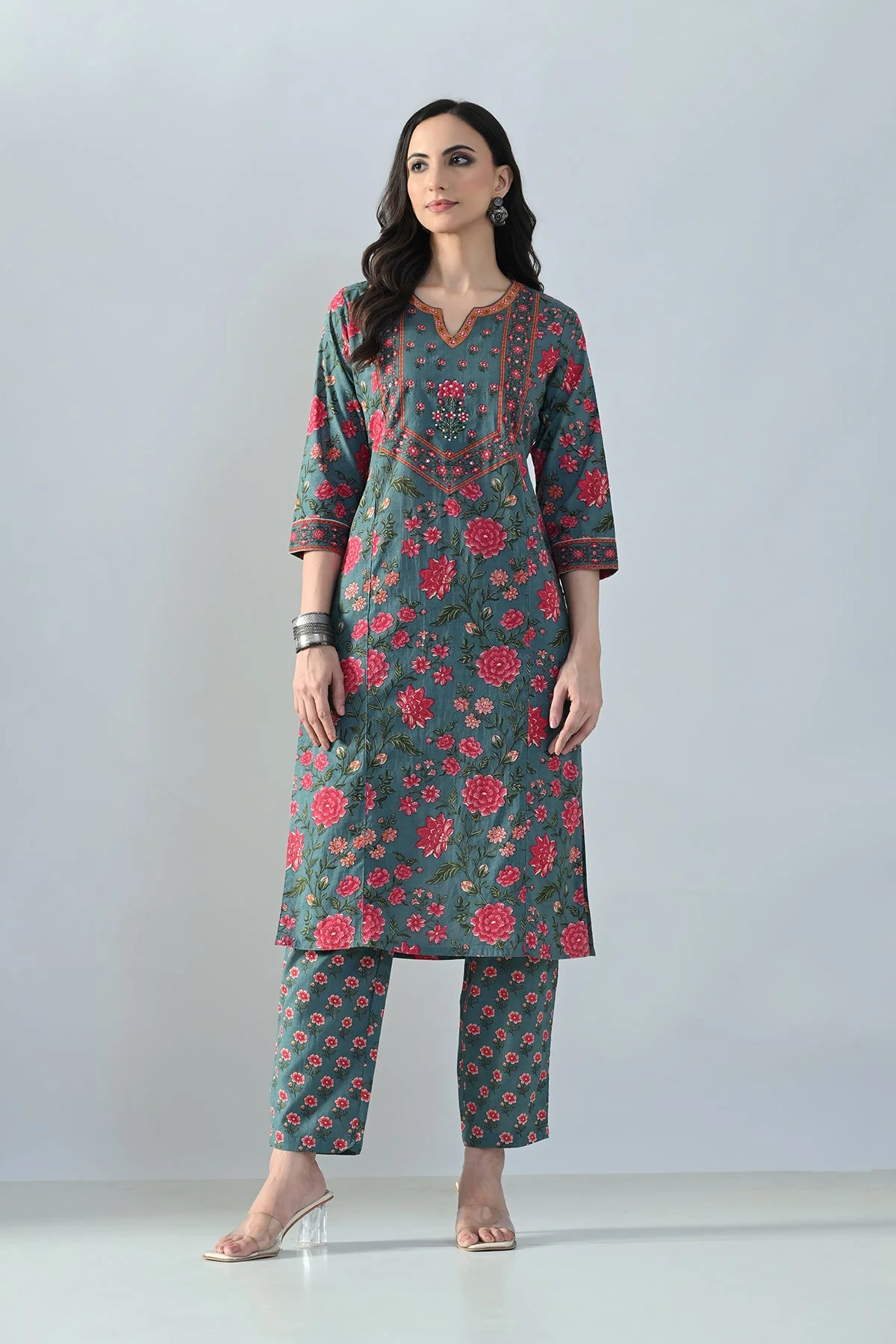 Grey Printed Straight Kurta 2 Pcs Set