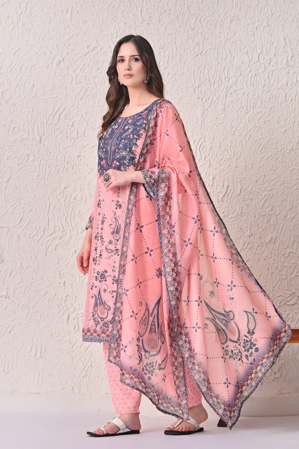 Light Orange Paisley Printed Kurta 3 Pcs Set - Image 2