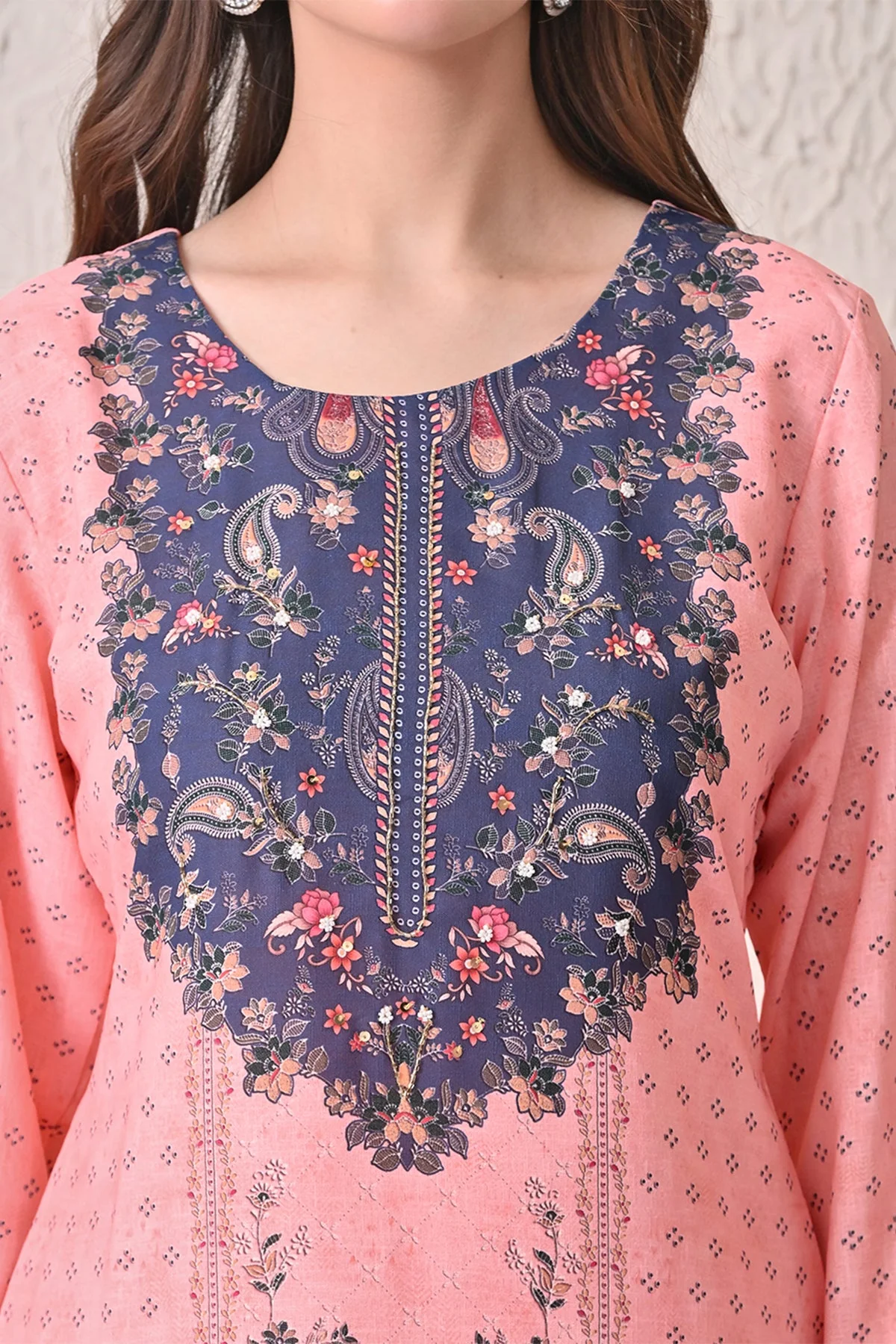 Light Orange Paisley Printed Kurta 3 Pcs Set - Image 4
