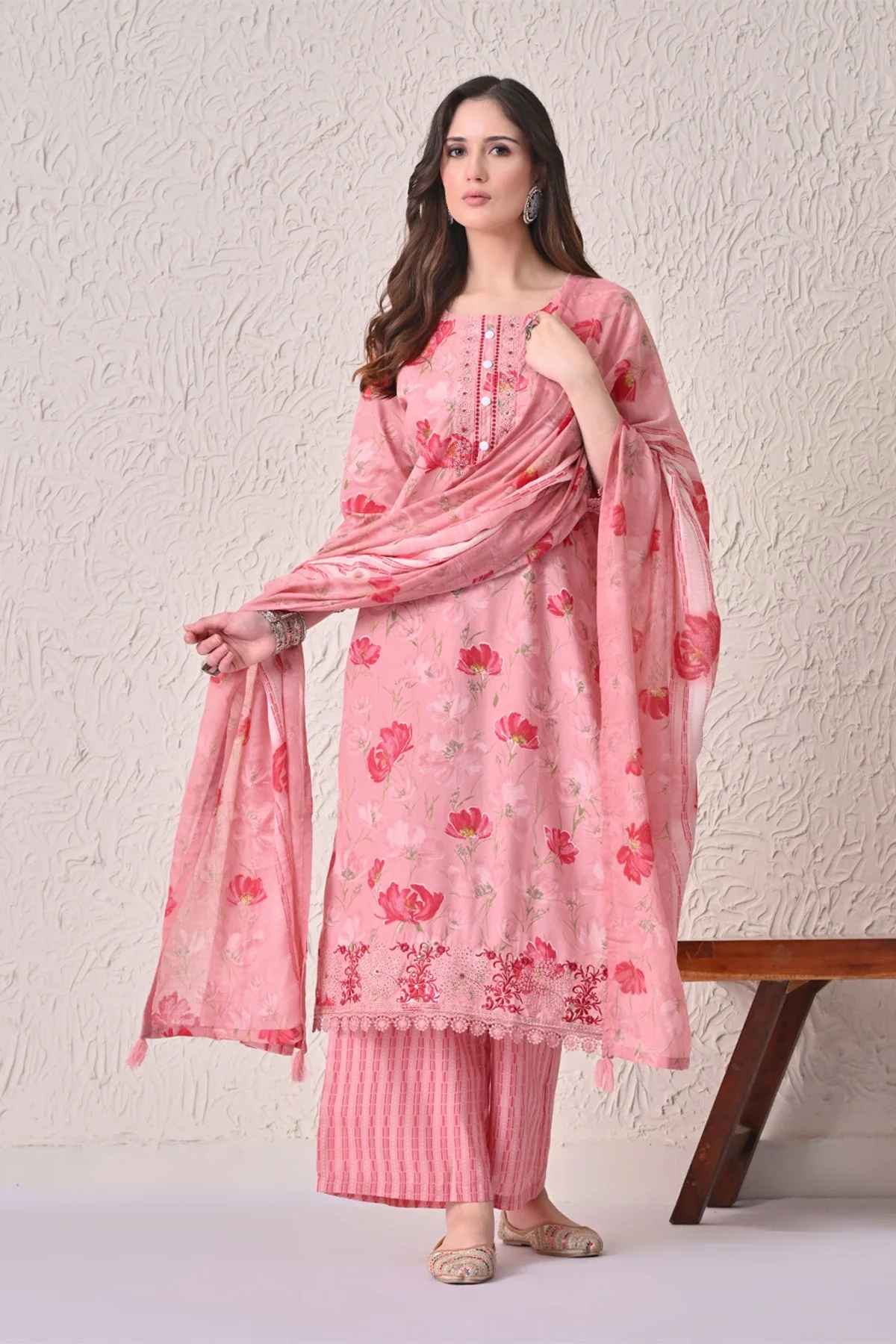 Light Pink Floral Printed Kurta 3 Pcs Set