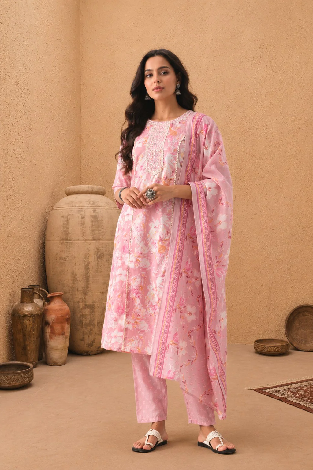 Light Pink Printed Kurta 3 Pcs Set - Image 3