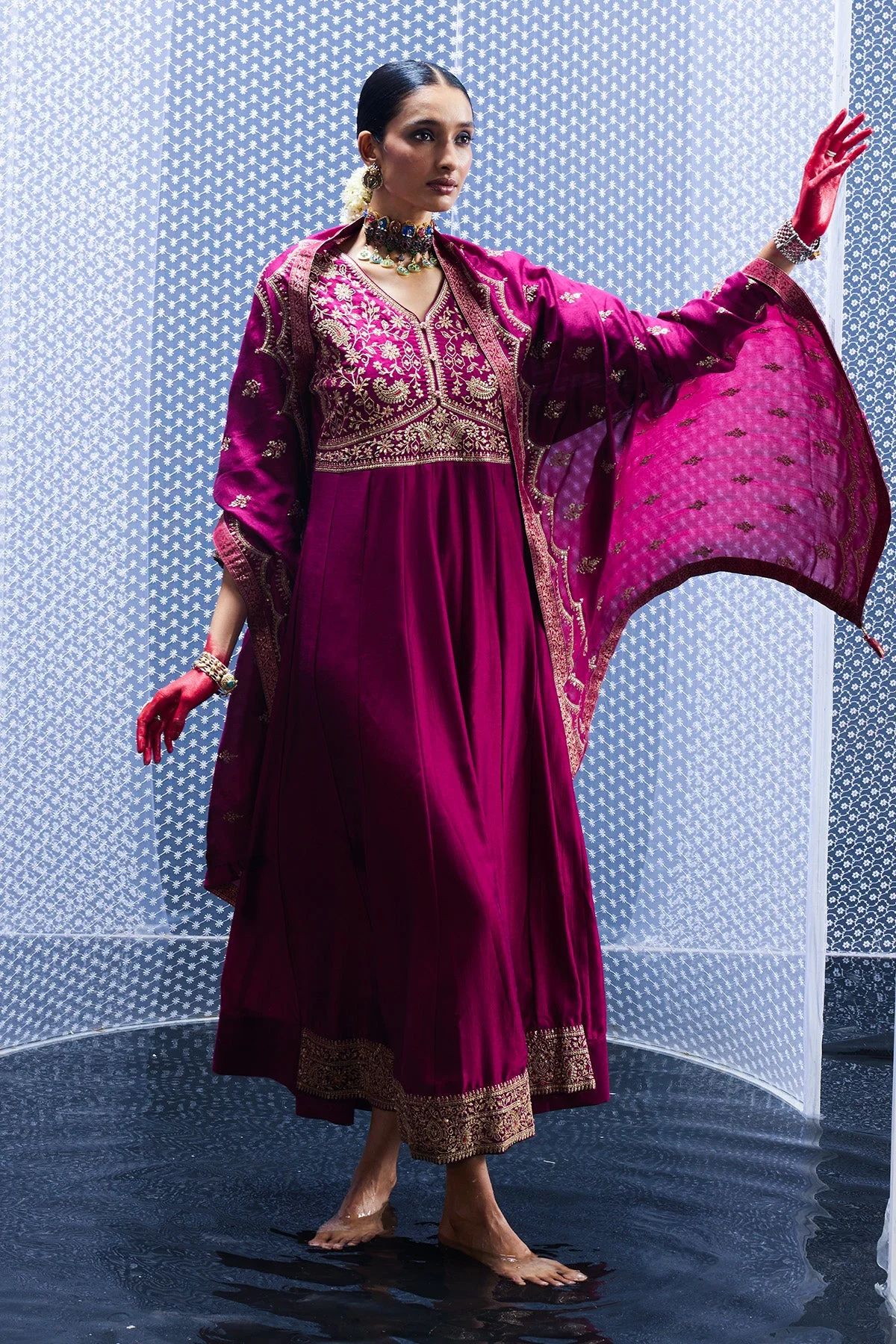 Magenta Embroidered Dress with Dupatta - Image 3