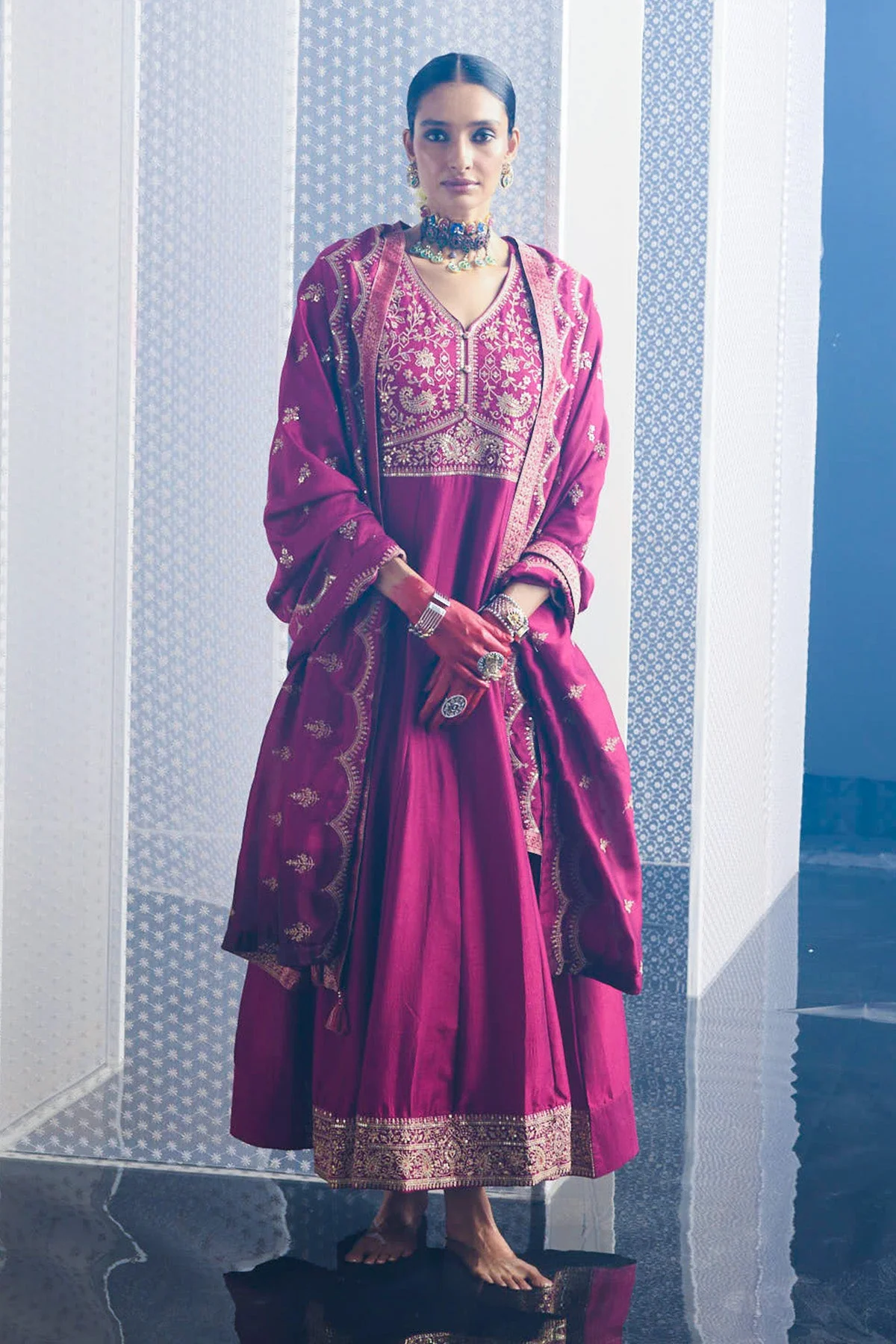Magenta Embroidered Dress with Dupatta - Image 4
