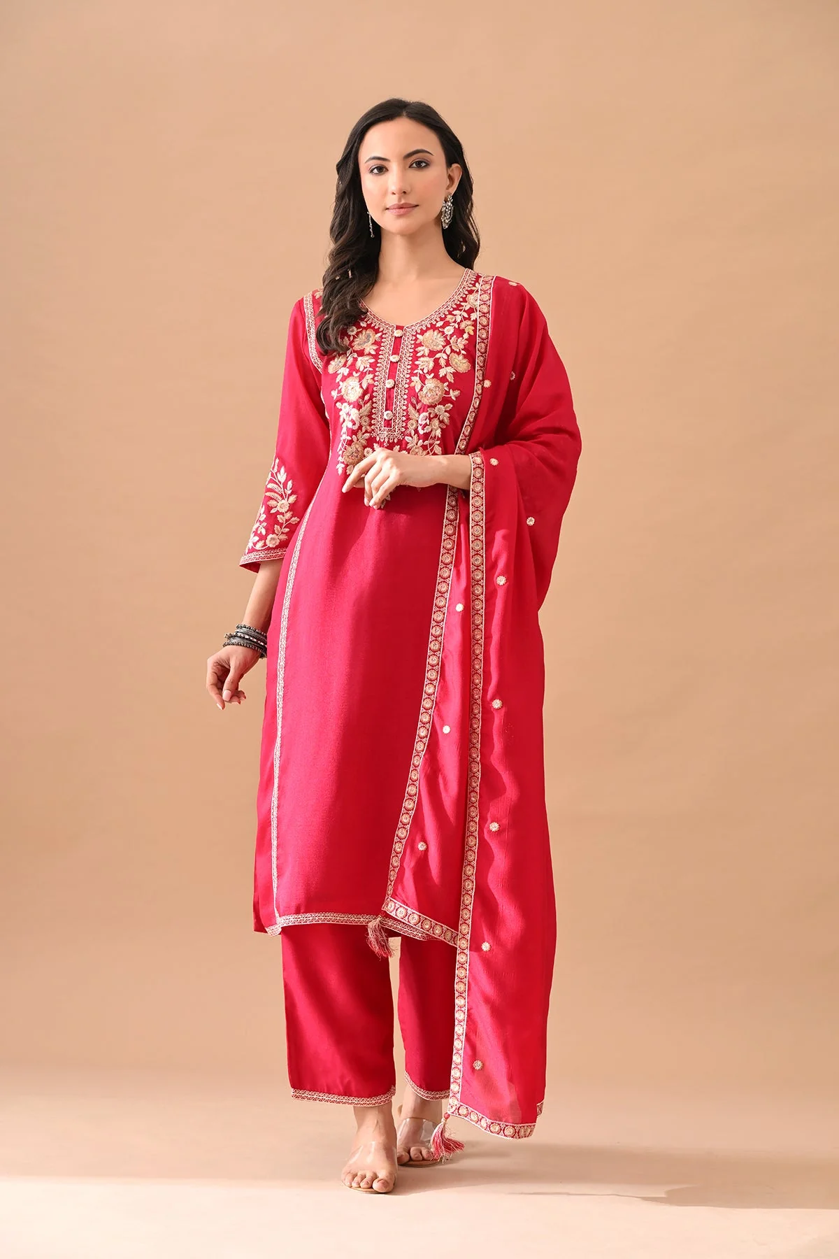Magenta Embroidered Kurta 3 Pcs Set