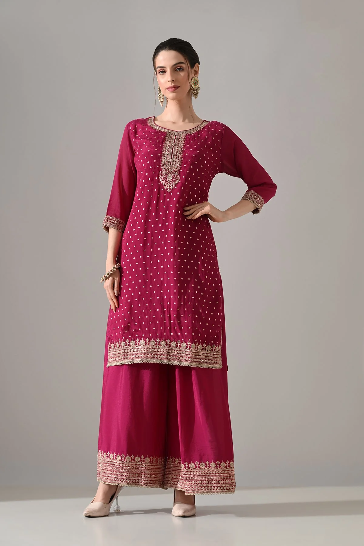 Magenta Printed Straight Kurta 3 Pcs Set - Image 2