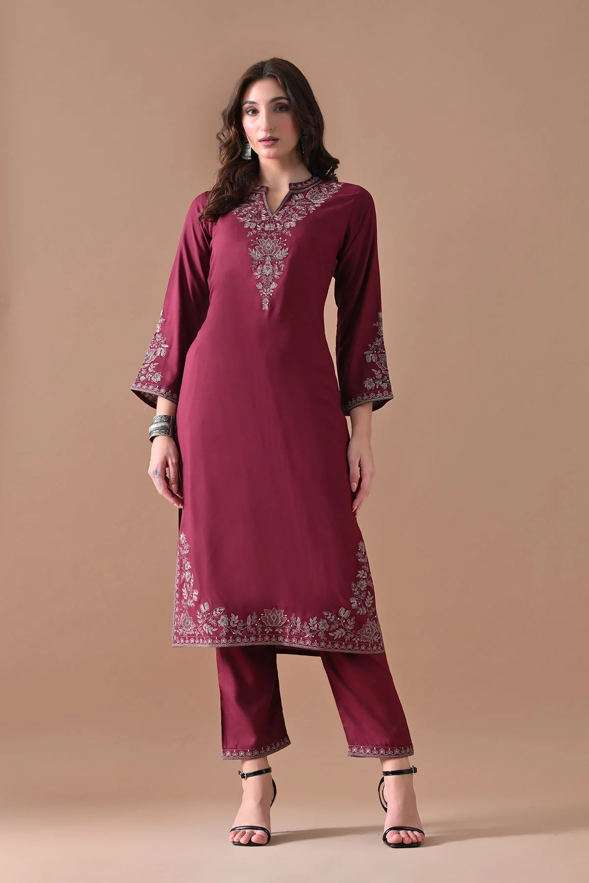 Maroon Embroidered Kurta 2 Pcs Set