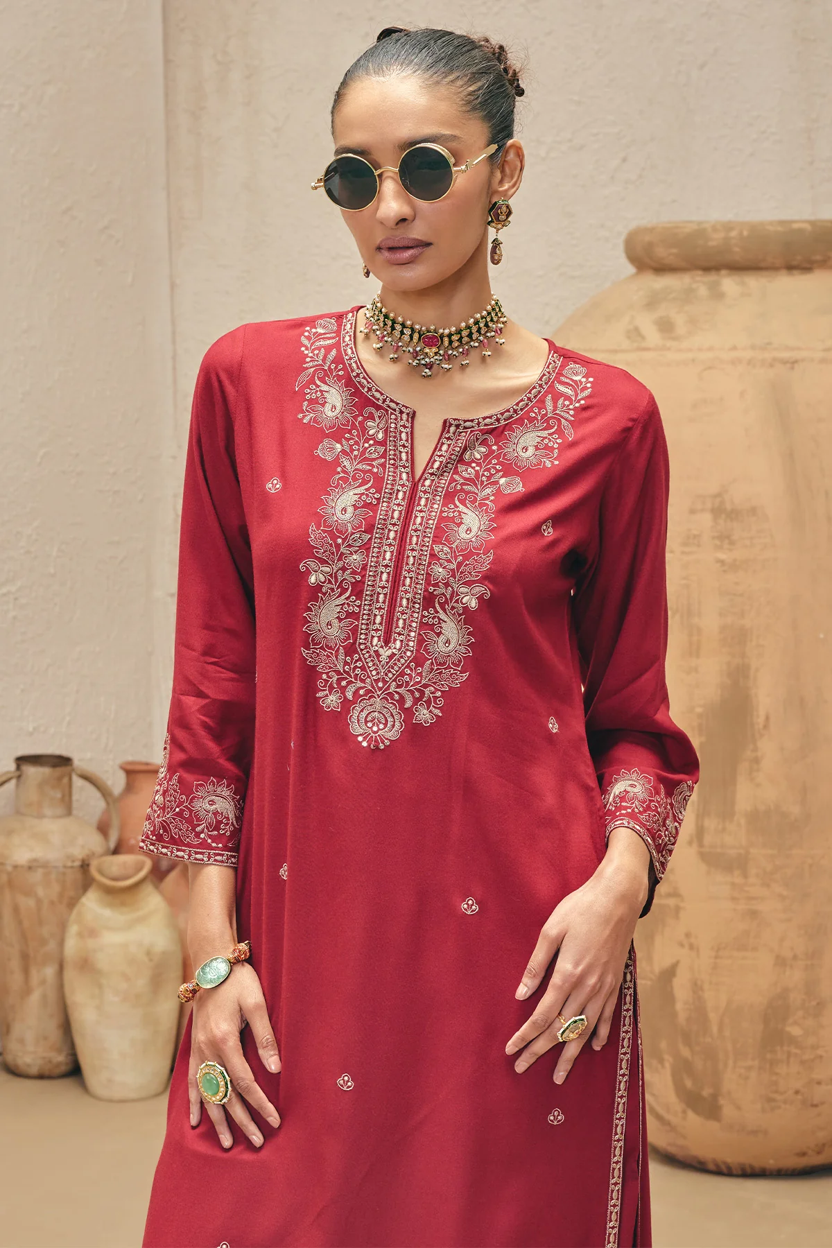 Maroon Embroidered Kurta 2 Pcs Set - Image 3