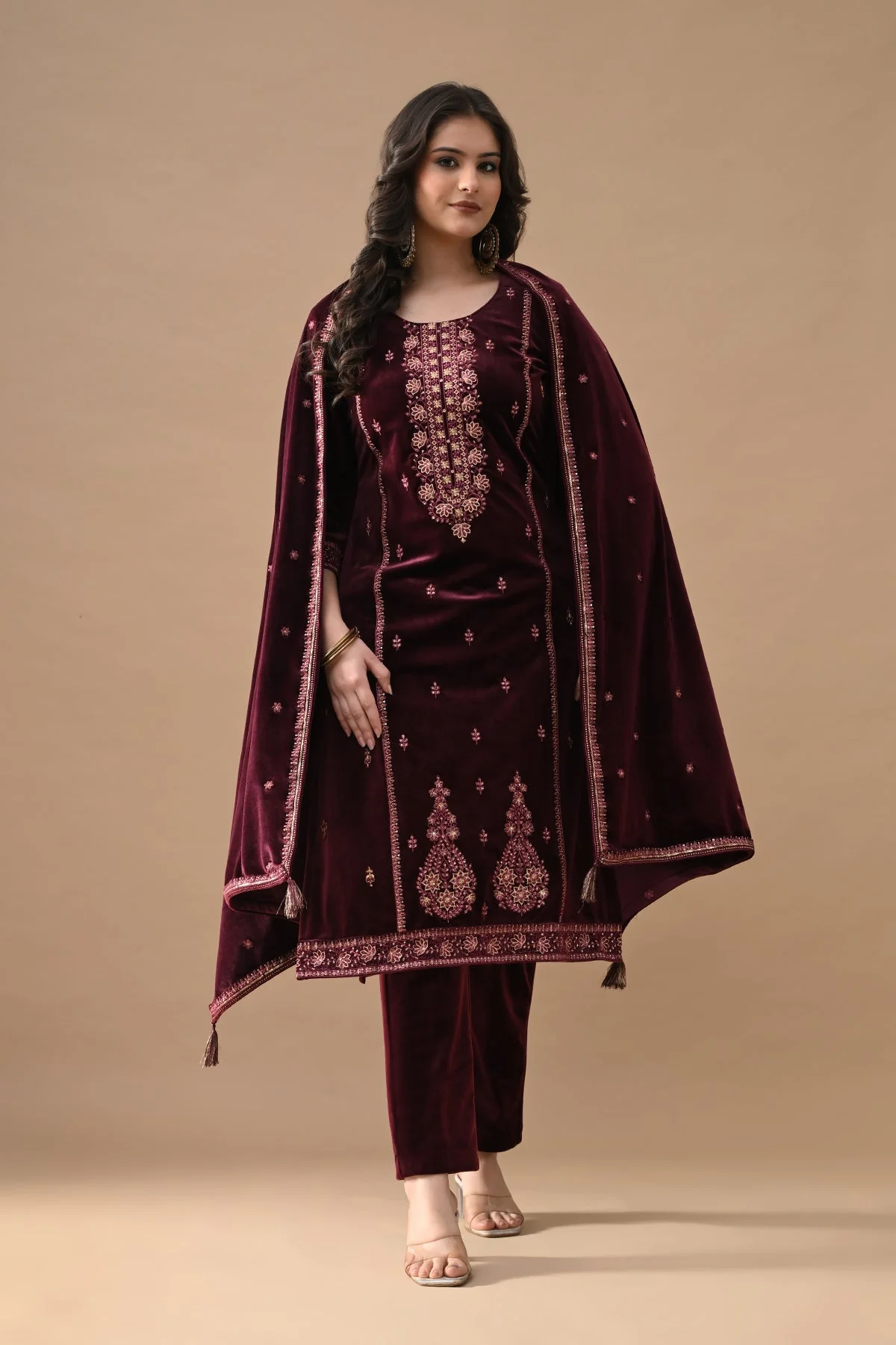 Maroon Embroidered Velvet Kurta 3 Pcs Set - Image 7
