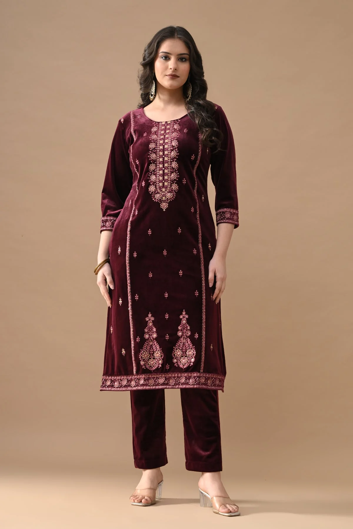 Maroon Embroidered Velvet Kurta 3 Pcs Set - Image 8