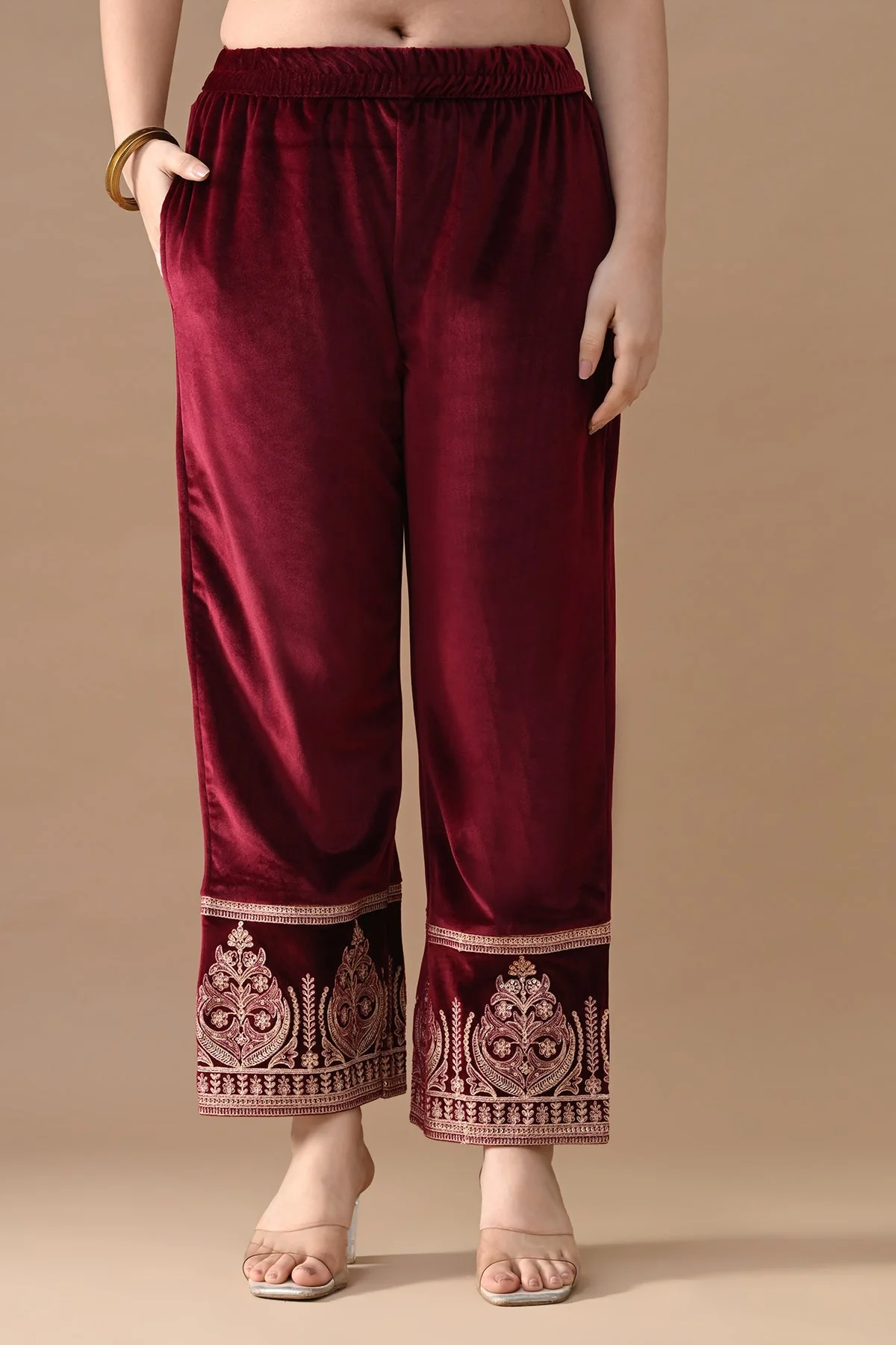 Maroon Embroidered Velvet Kurta 3 Pcs Set - Image 6