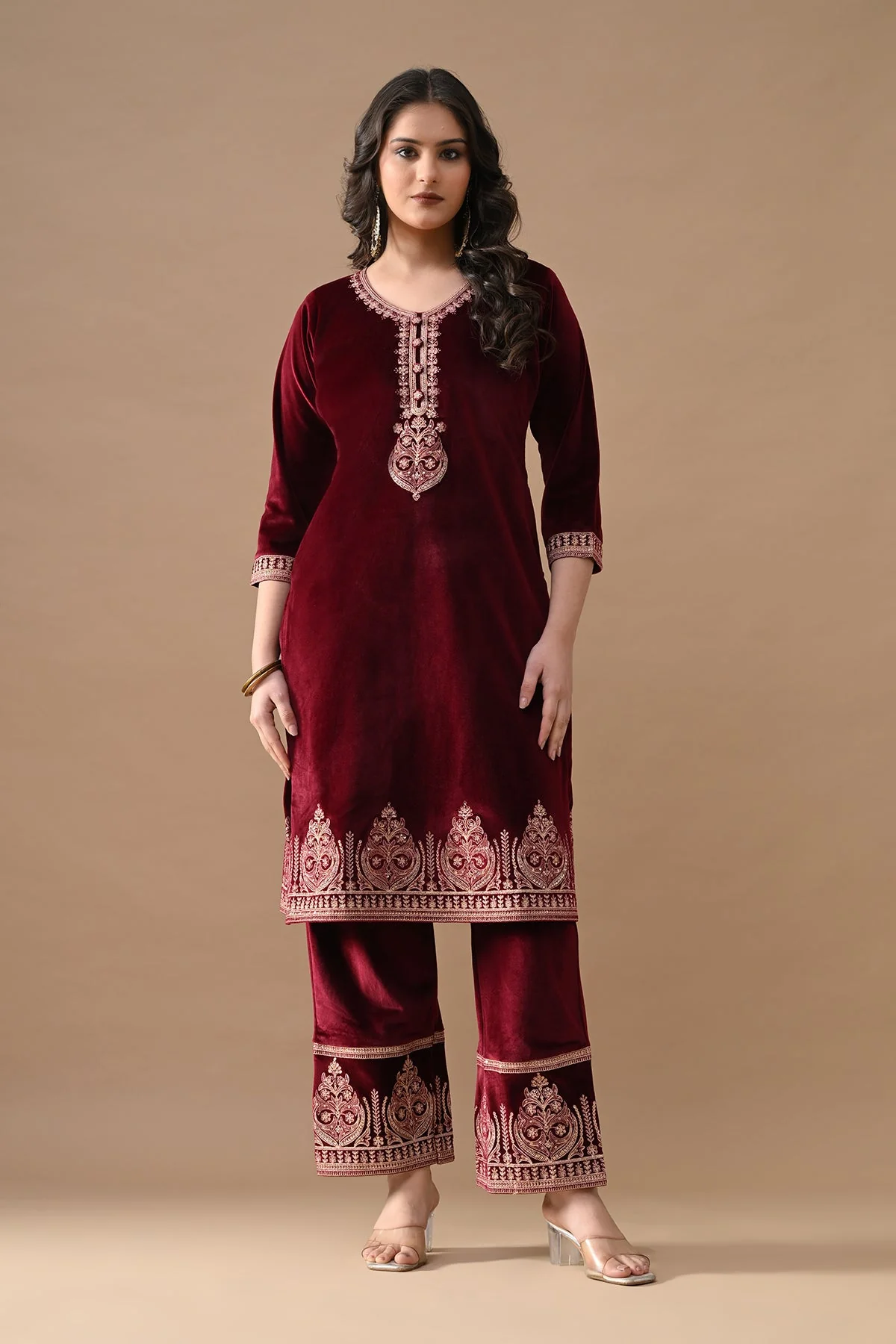 Maroon Embroidered Velvet Kurta 3 Pcs Set - Image 7