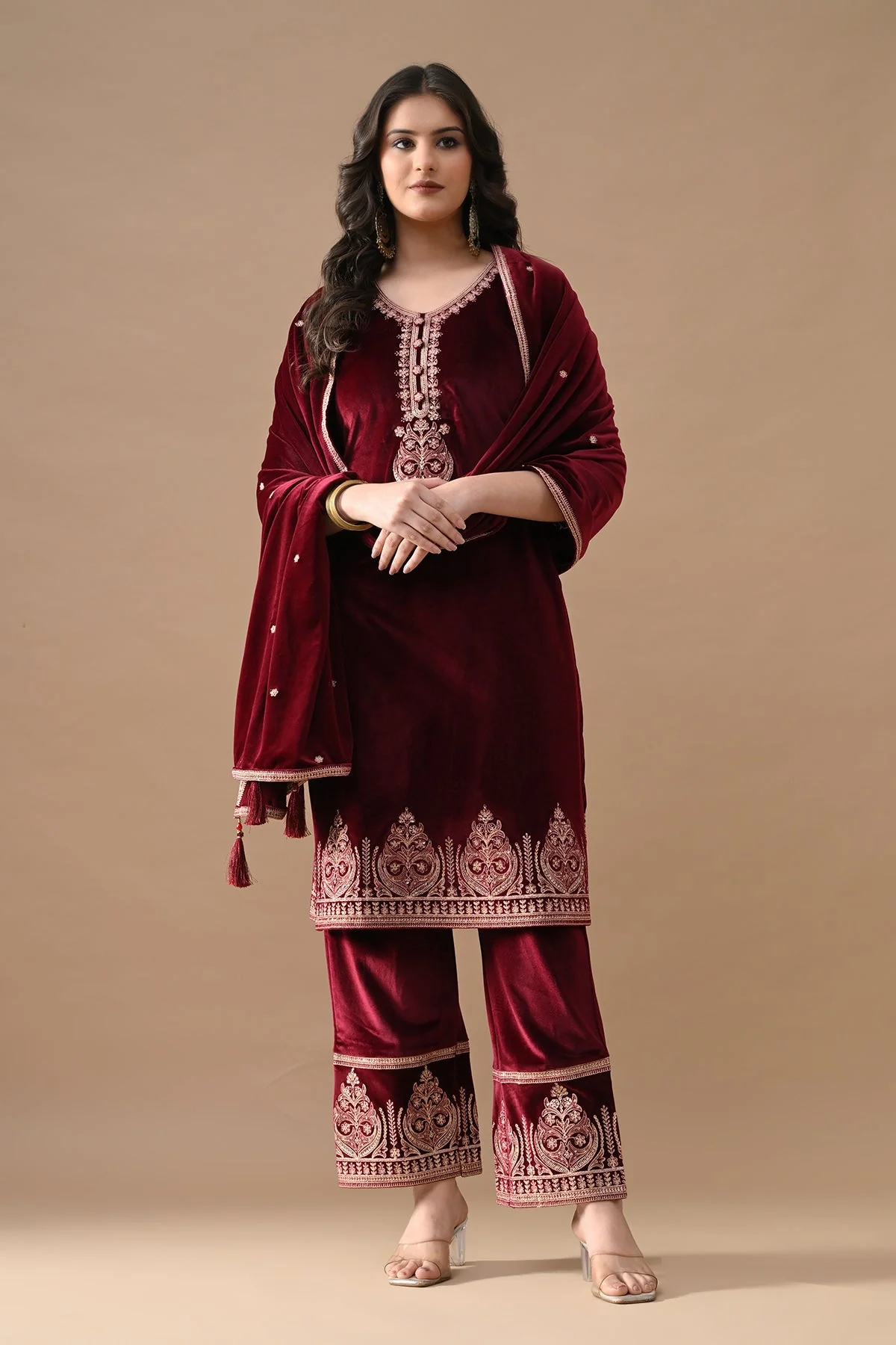 Maroon Embroidered Velvet Kurta 3 Pcs Set - Image 8