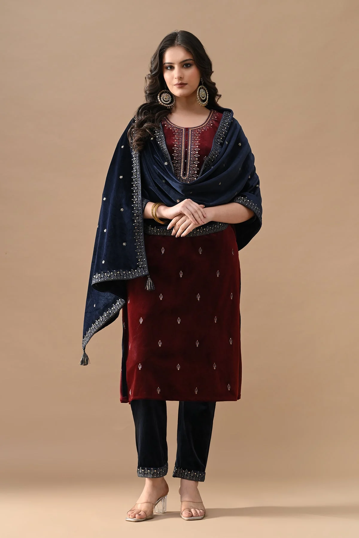 Maroon Zari Embroidered Kurta 3 Pcs Set - Image 8