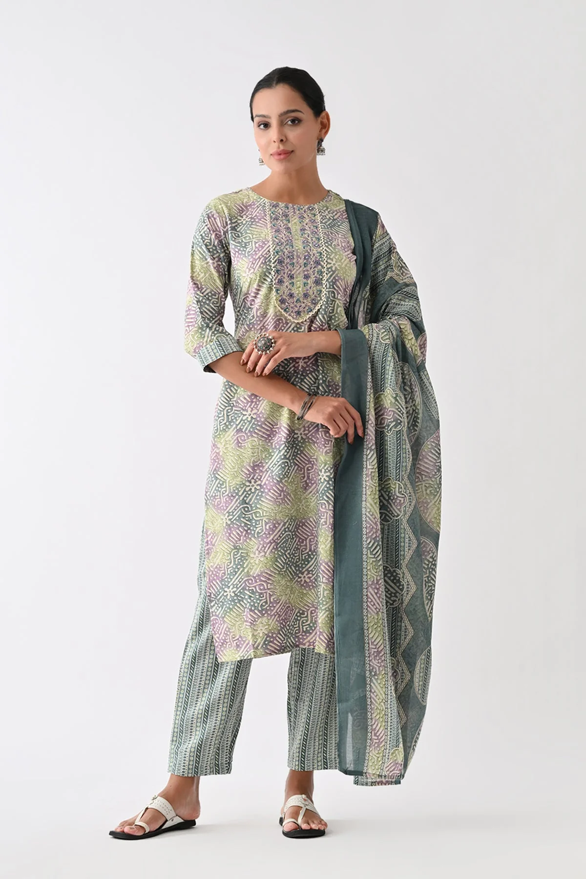 Multi Abstract Printed Kurta 3 Pcs Set - Image 4