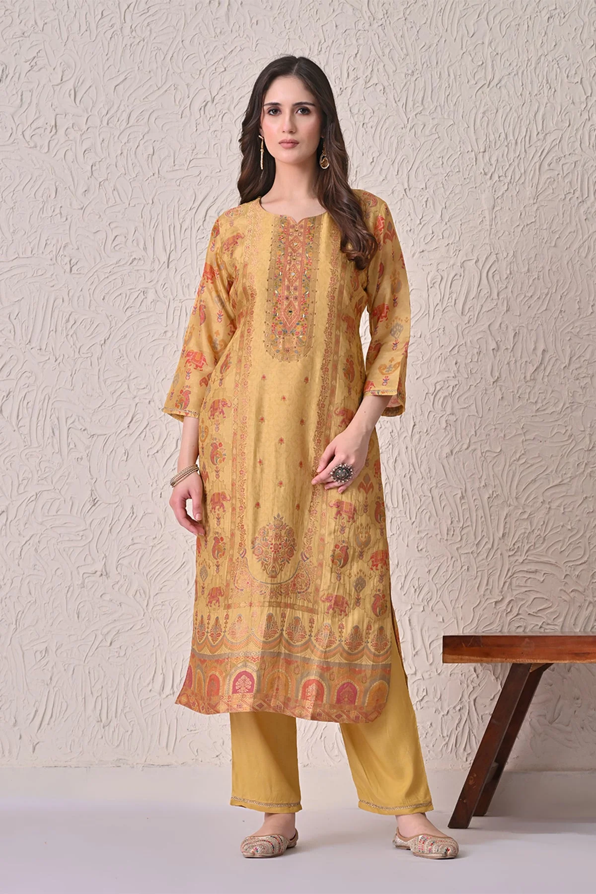 Mustard Embellished Kurta 3 Pcs Set - Image 2