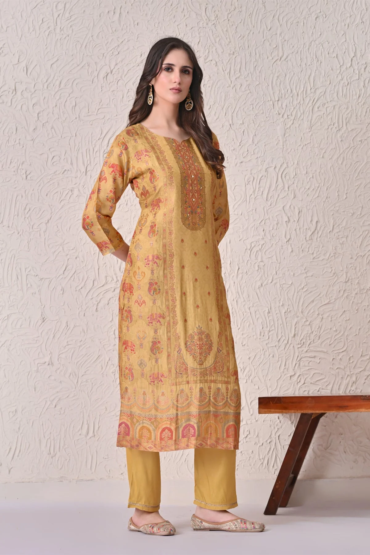 Mustard Embellished Kurta 3 Pcs Set - Image 3