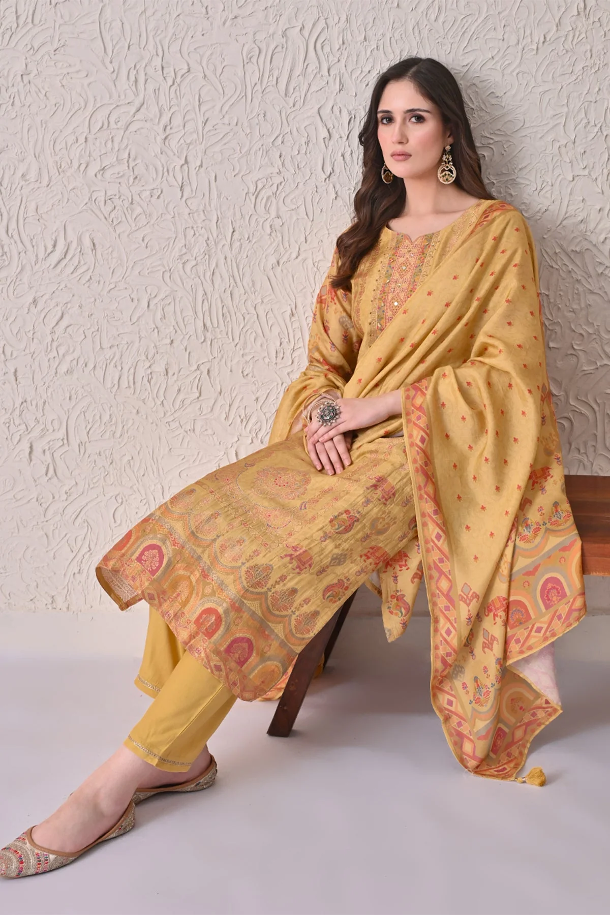 Mustard Embellished Kurta 3 Pcs Set - Image 7