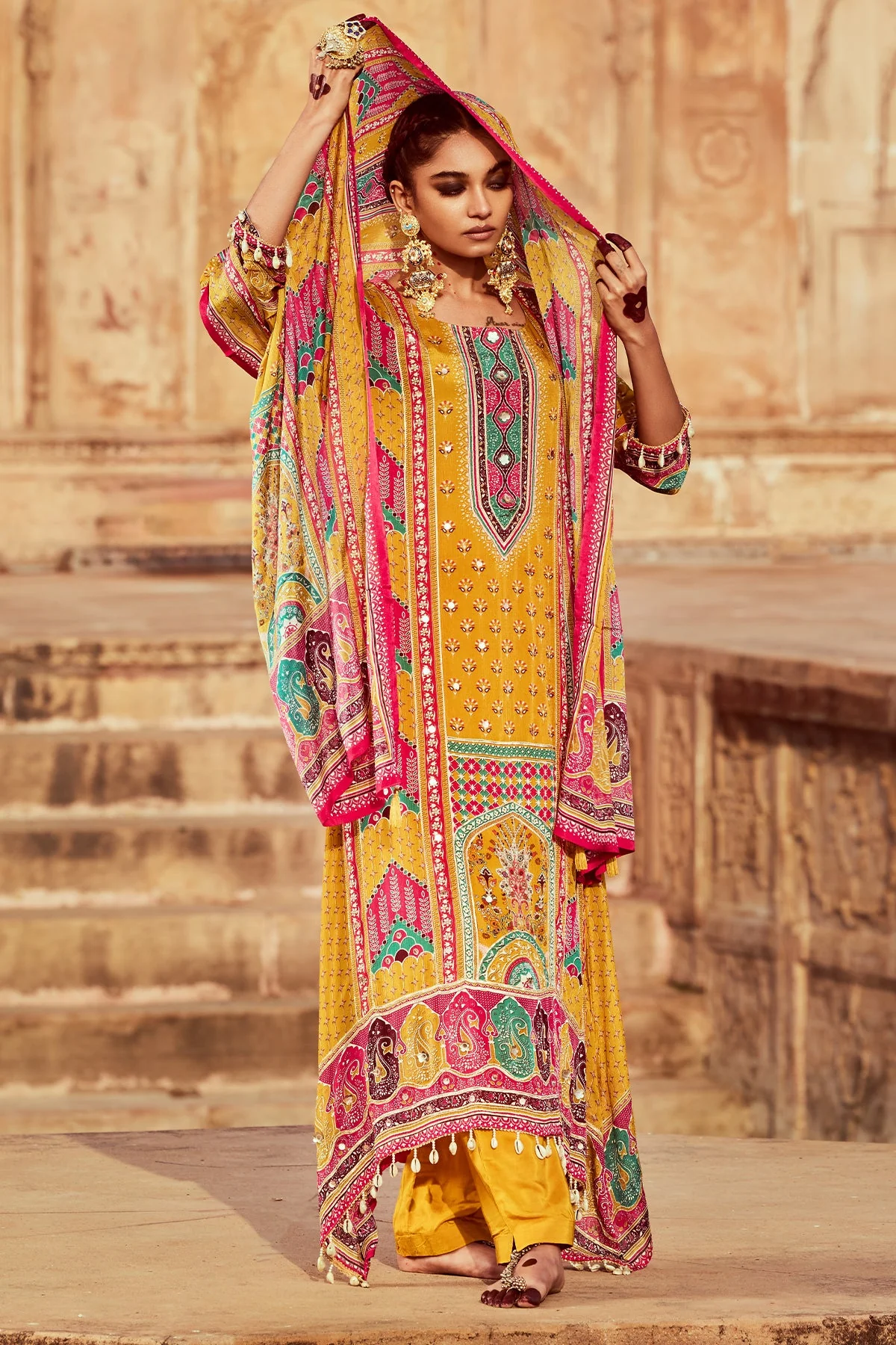 Mustard Embellished Kurta 3 Pcs Set - Image 3