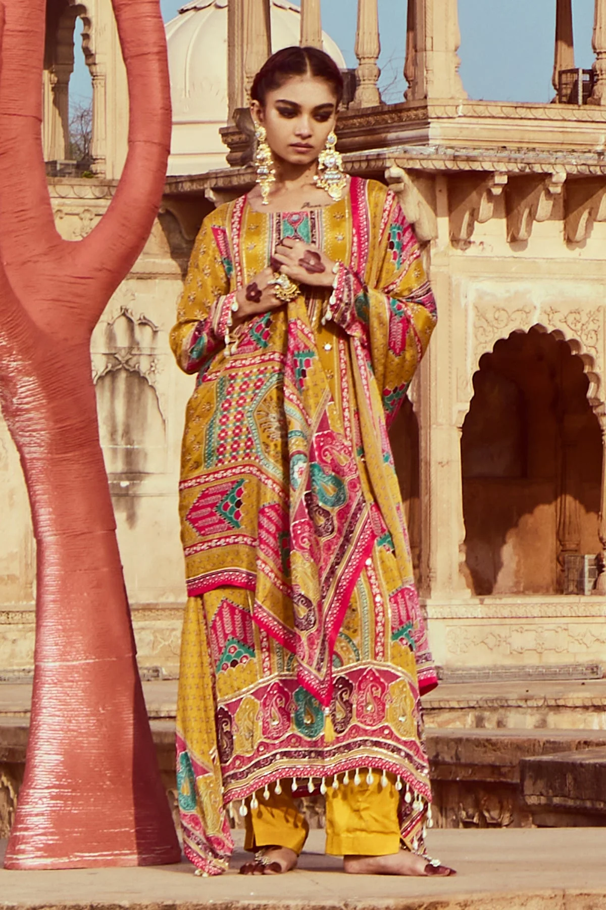 Mustard Embellished Kurta 3 Pcs Set - Image 4