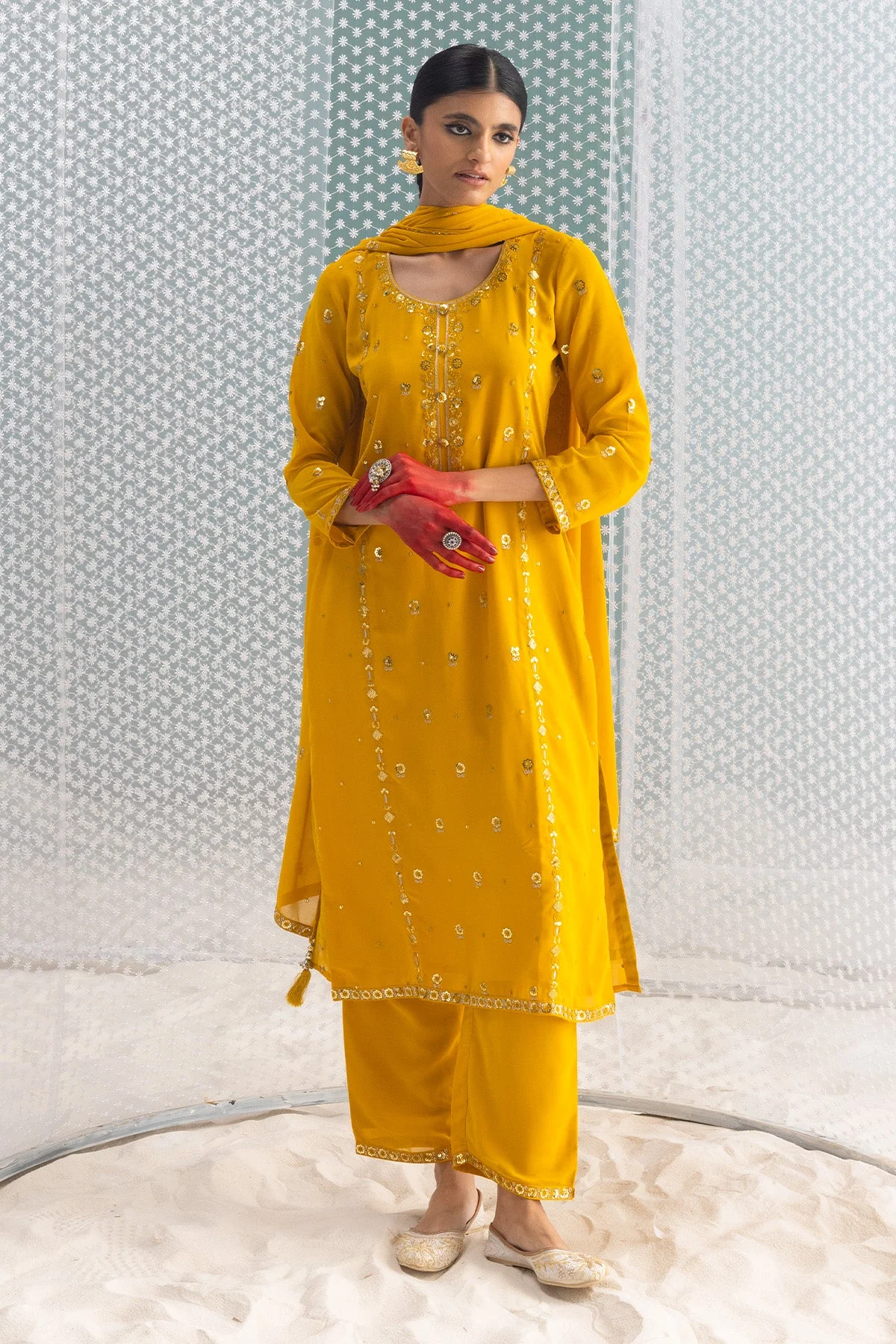 Mustard Embellished Straight Kurta 3 Pcs Set - Image 2