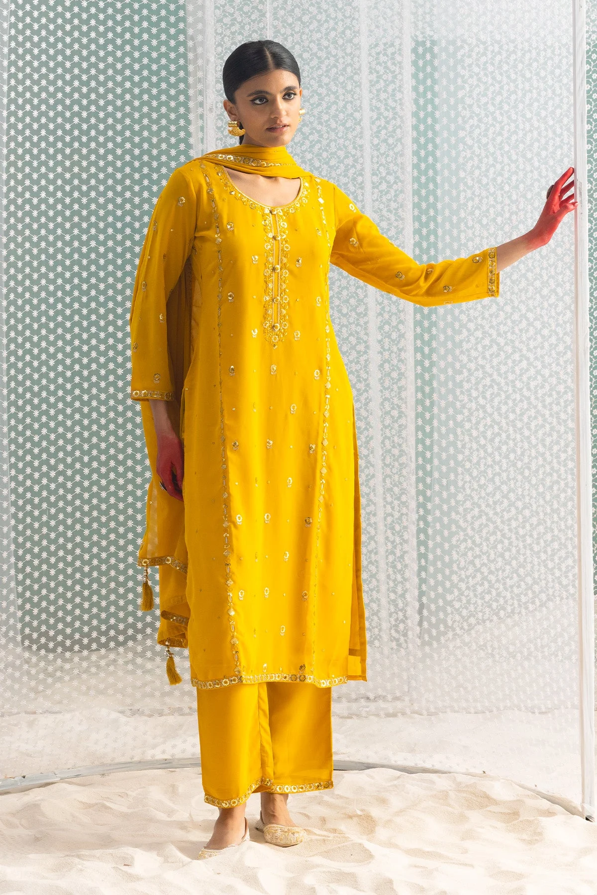 Mustard Embellished Straight Kurta 3 Pcs Set - Image 3