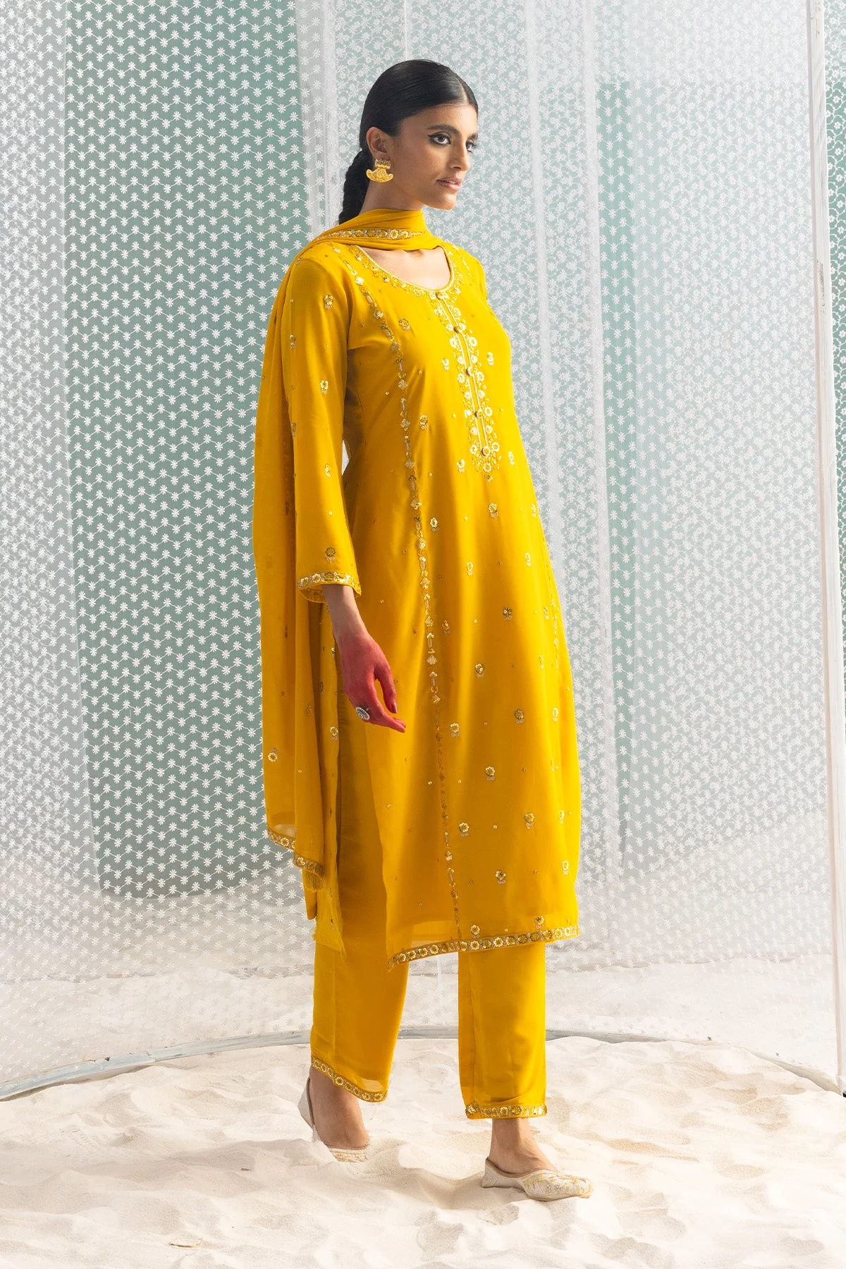 Mustard Embellished Straight Kurta 3 Pcs Set - Image 4
