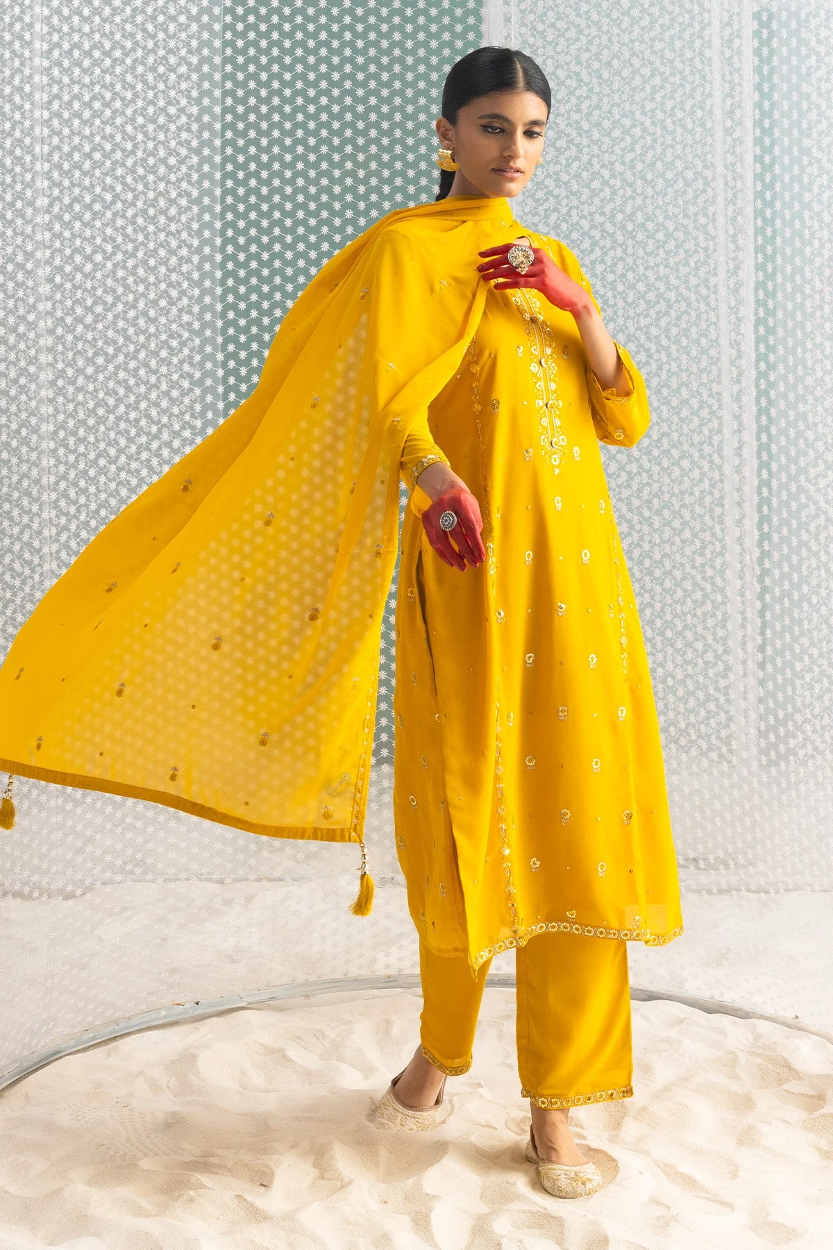 Mustard Embellished Straight Kurta 3 Pcs Set - Image 5