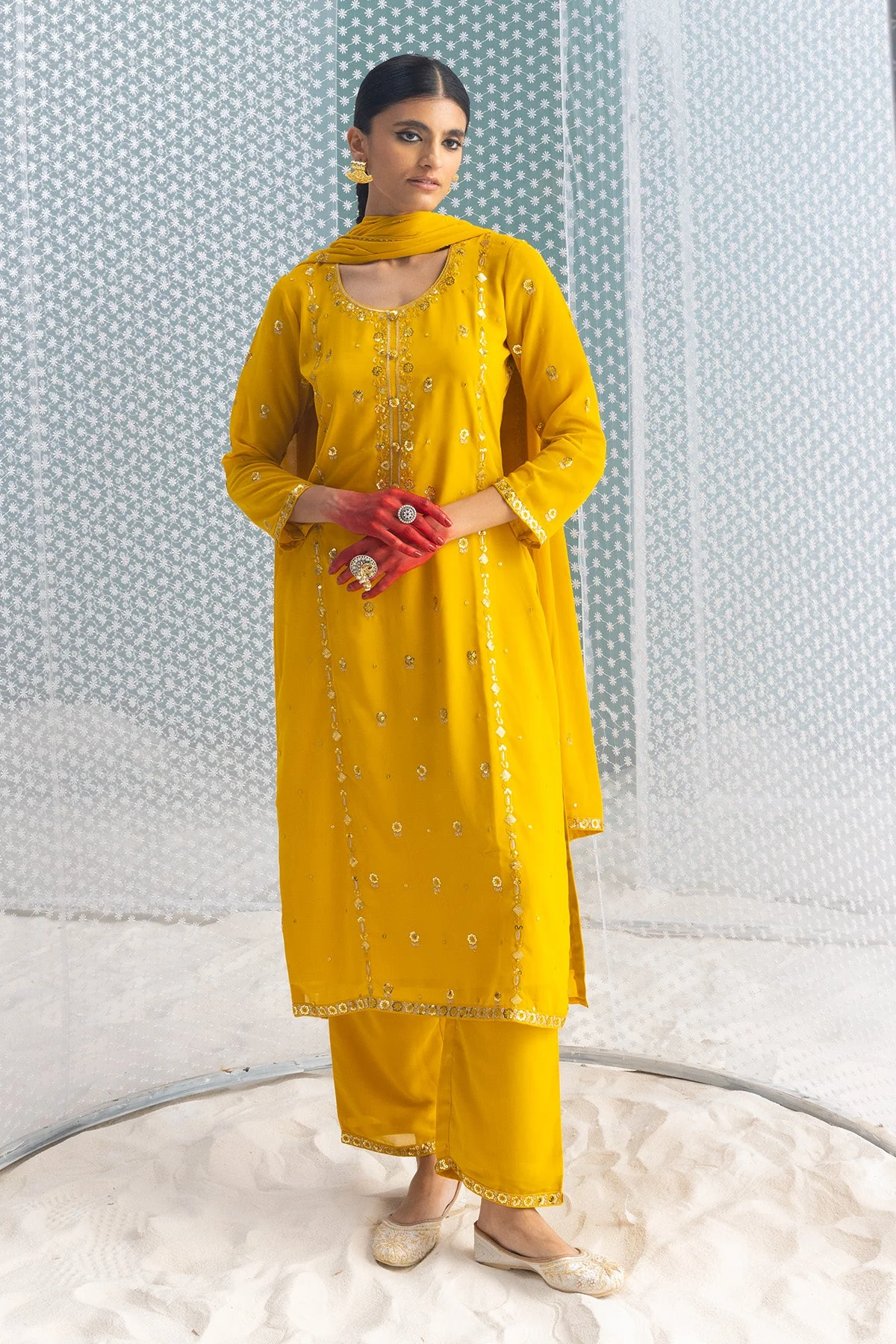 Mustard Embellished Straight Kurta 3 Pcs Set - Image 6
