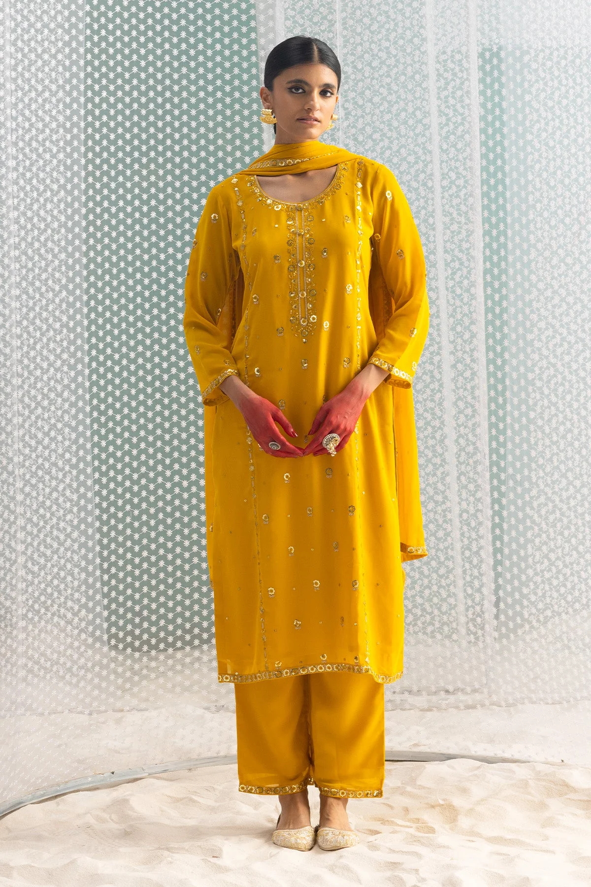 Mustard Embellished Straight Kurta 3 Pcs Set - Image 7