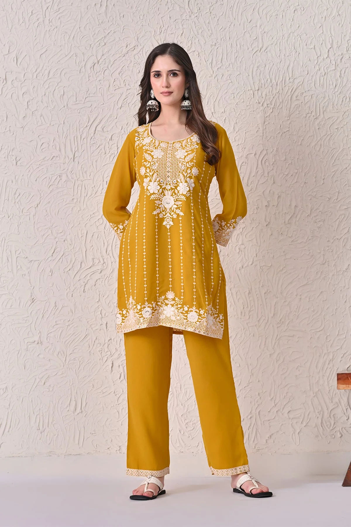 Mustard Embroidered Kurta 3 Pcs Set - Image 2