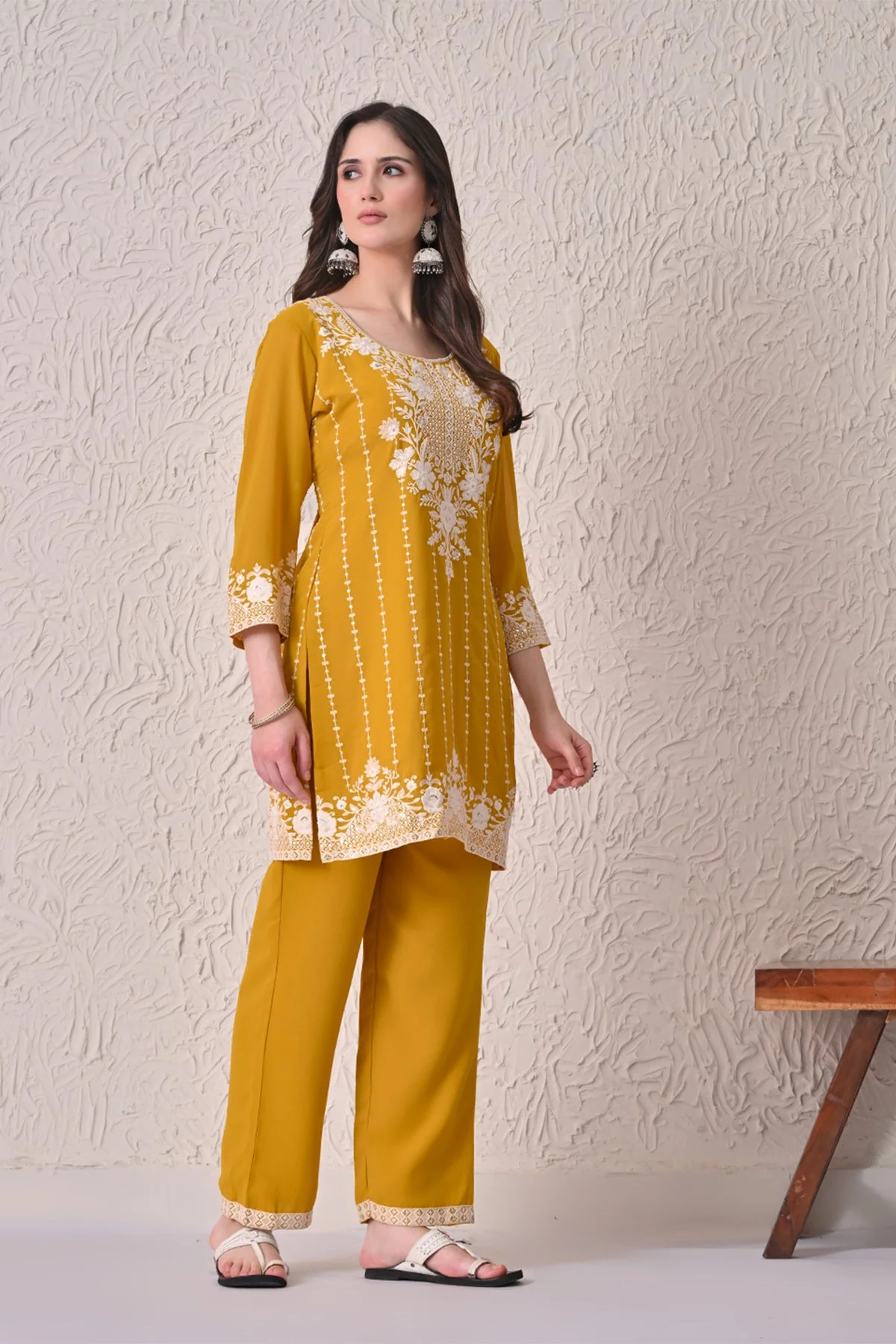 Mustard Embroidered Kurta 3 Pcs Set - Image 3