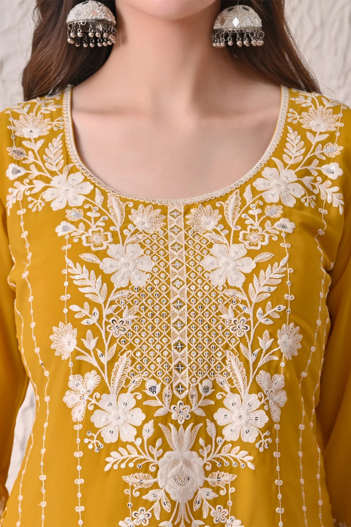 Mustard Embroidered Kurta 3 Pcs Set - Image 4