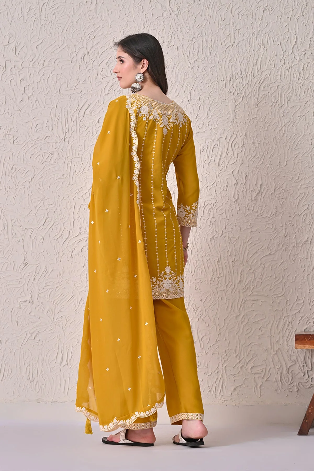 Mustard Embroidered Kurta 3 Pcs Set - Image 5