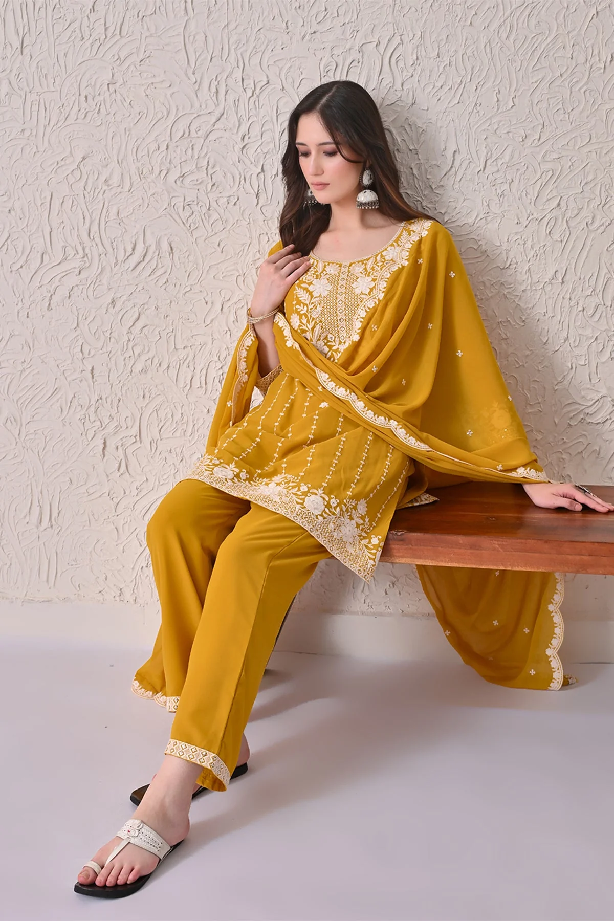 Mustard Embroidered Kurta 3 Pcs Set - Image 7