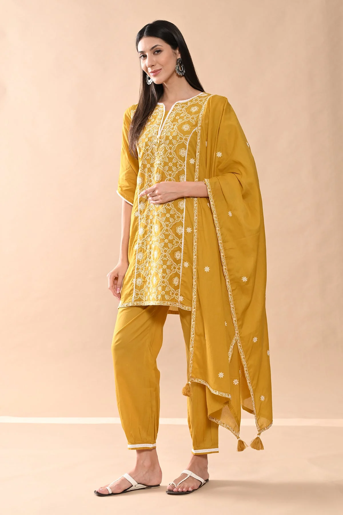 Mustard Embroidered Kurta 3 Pcs Set - Image 3