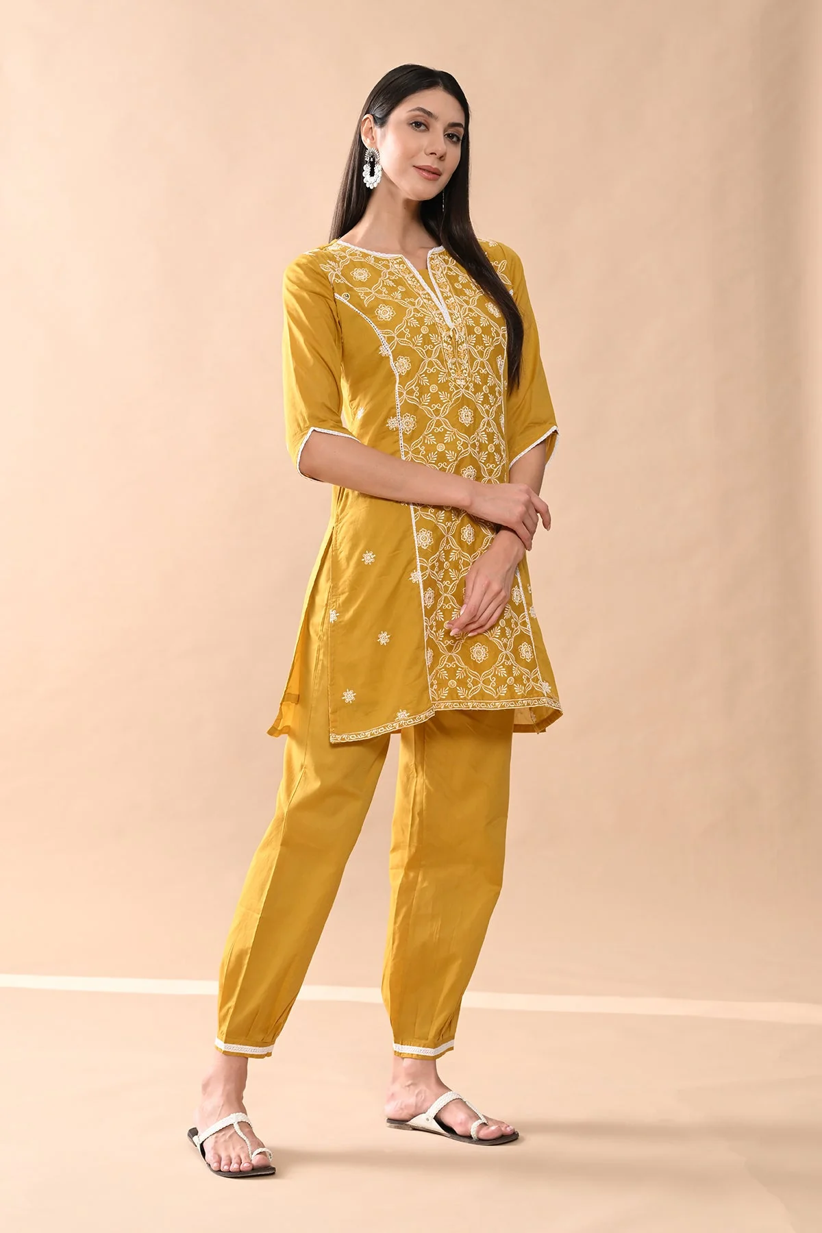 Mustard Embroidered Kurta 3 Pcs Set - Image 4