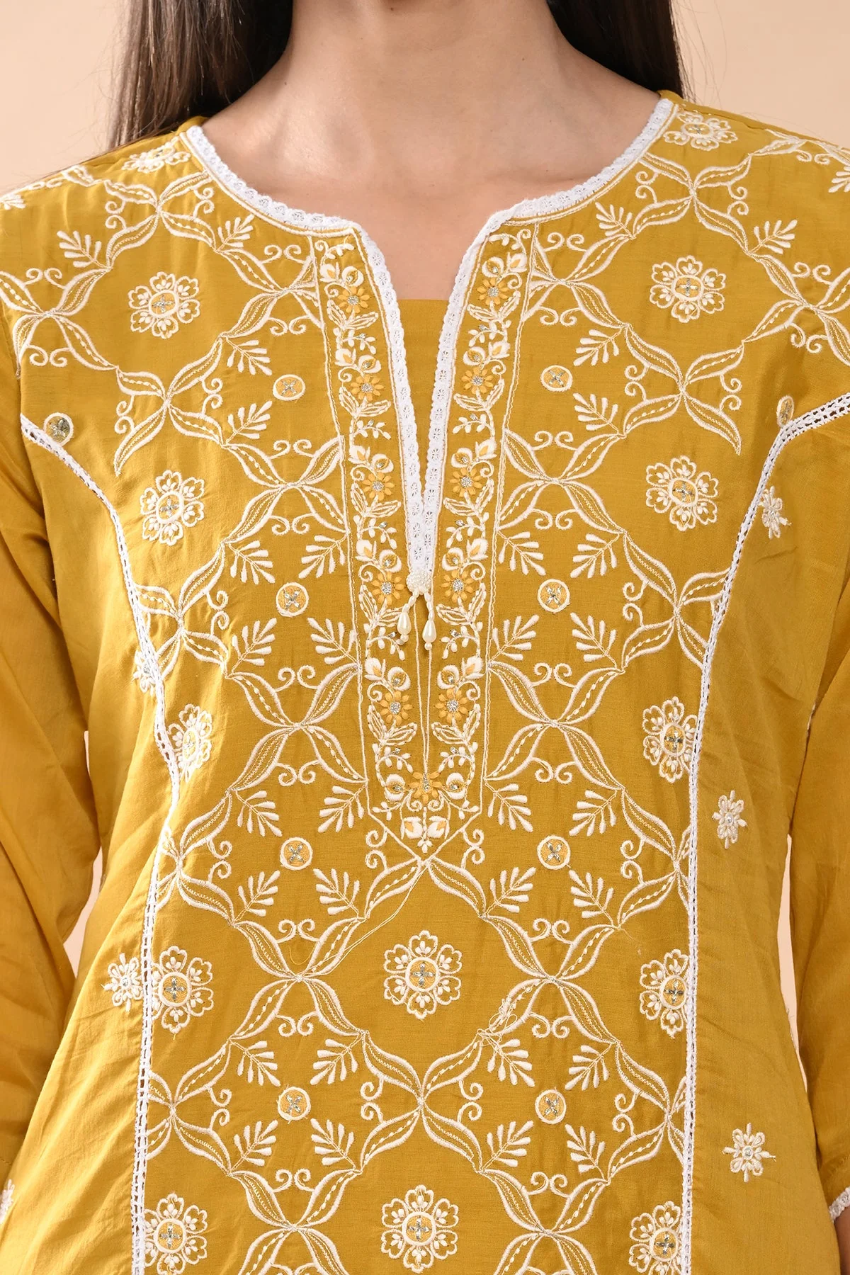 Mustard Embroidered Kurta 3 Pcs Set - Image 5