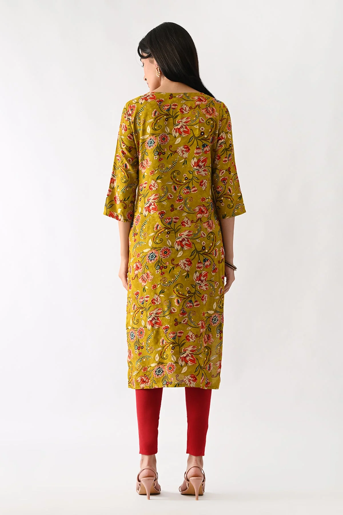 Mustard Floral Printed Kurta - Image 3