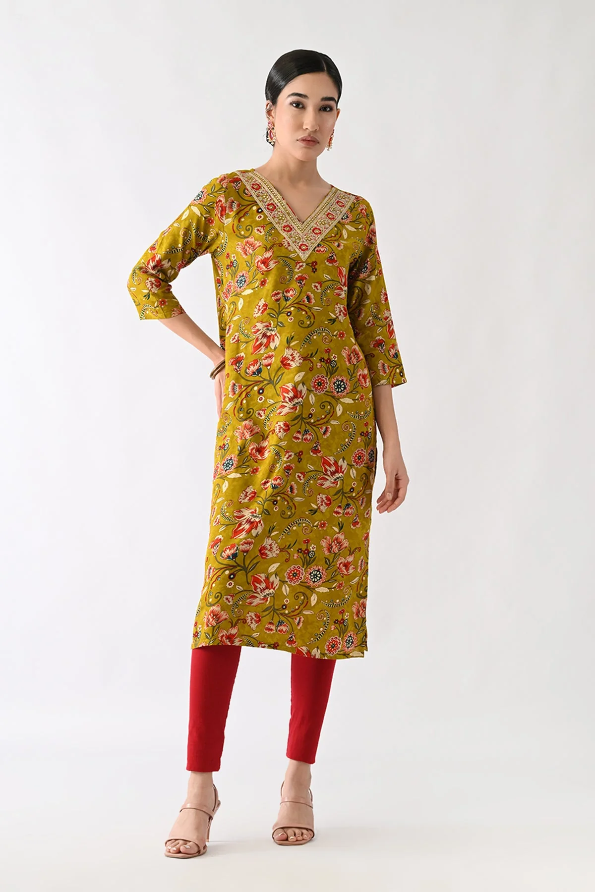 Mustard Floral Printed Kurta - Image 4