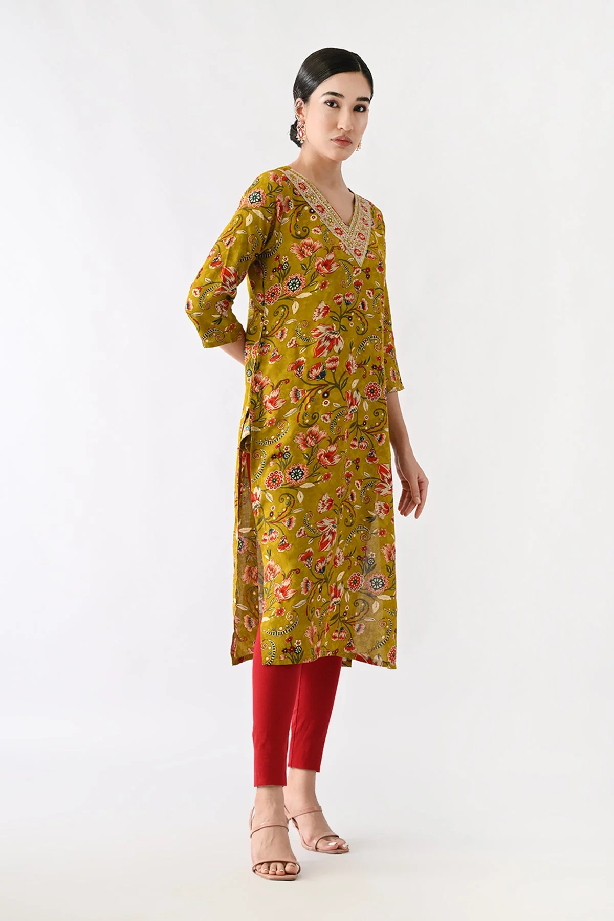 Mustard Floral Printed Kurta - Image 6