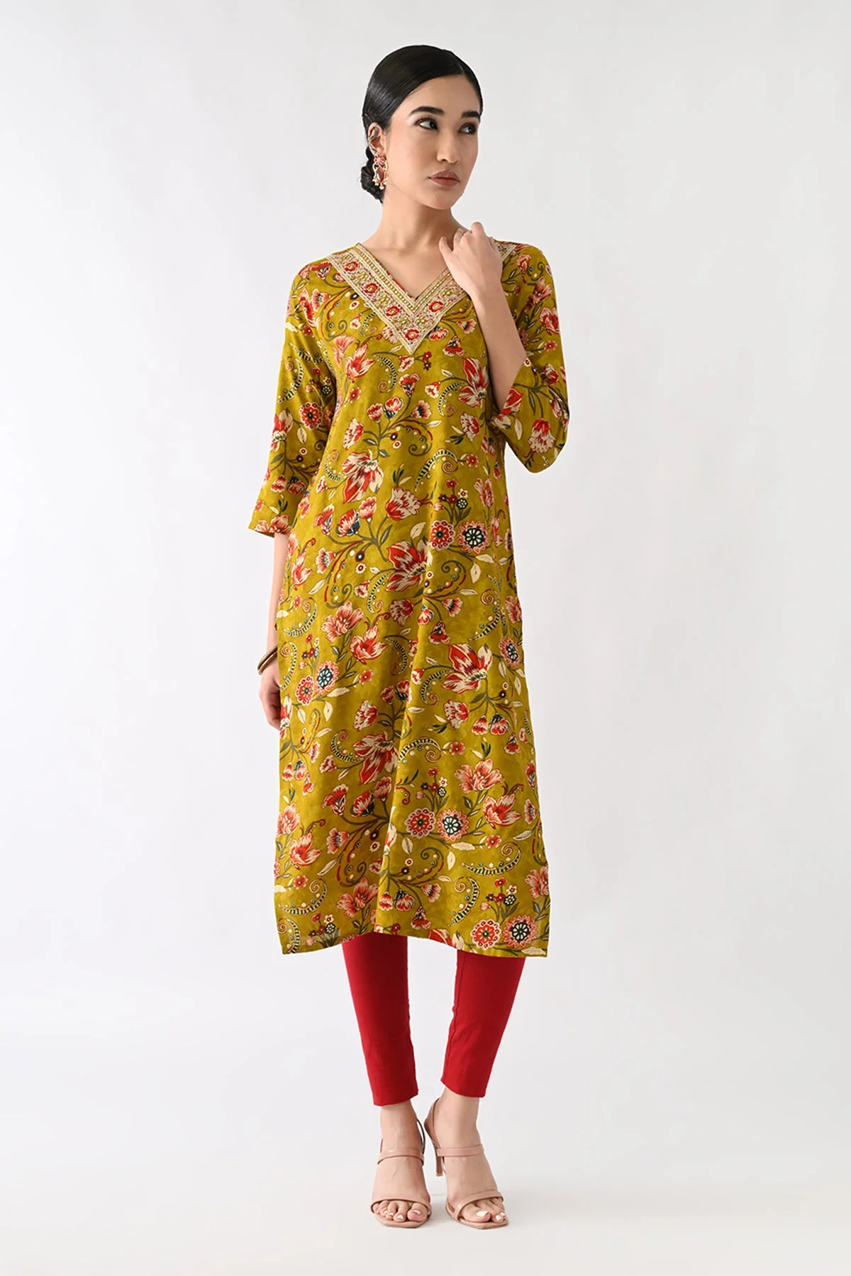 Mustard Floral Printed Kurta - Image 7
