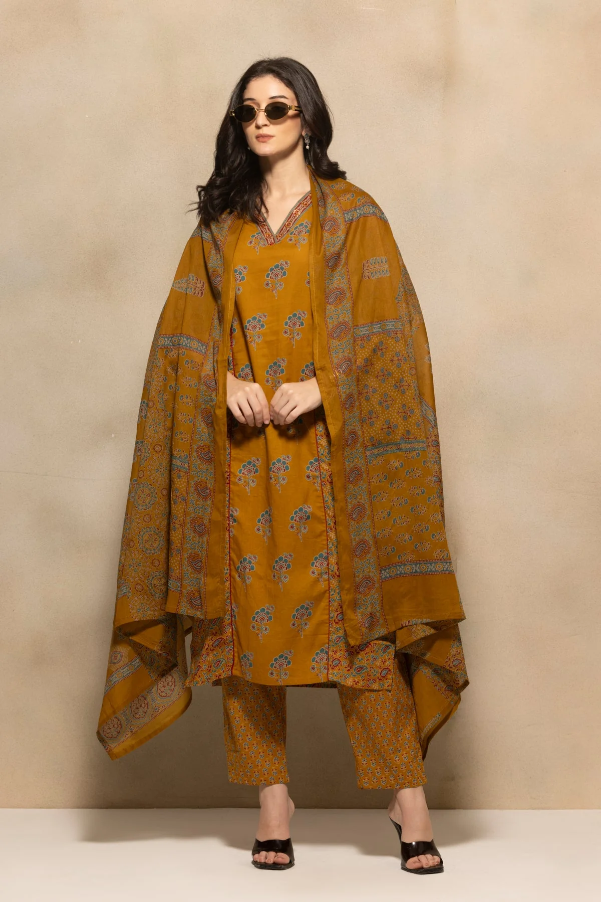 Mustard Floral Printed Kurta 3 Pcs Set