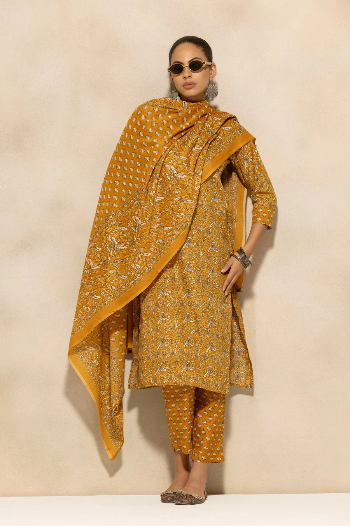 Mustard Printed Kurta 3 Pcs Set