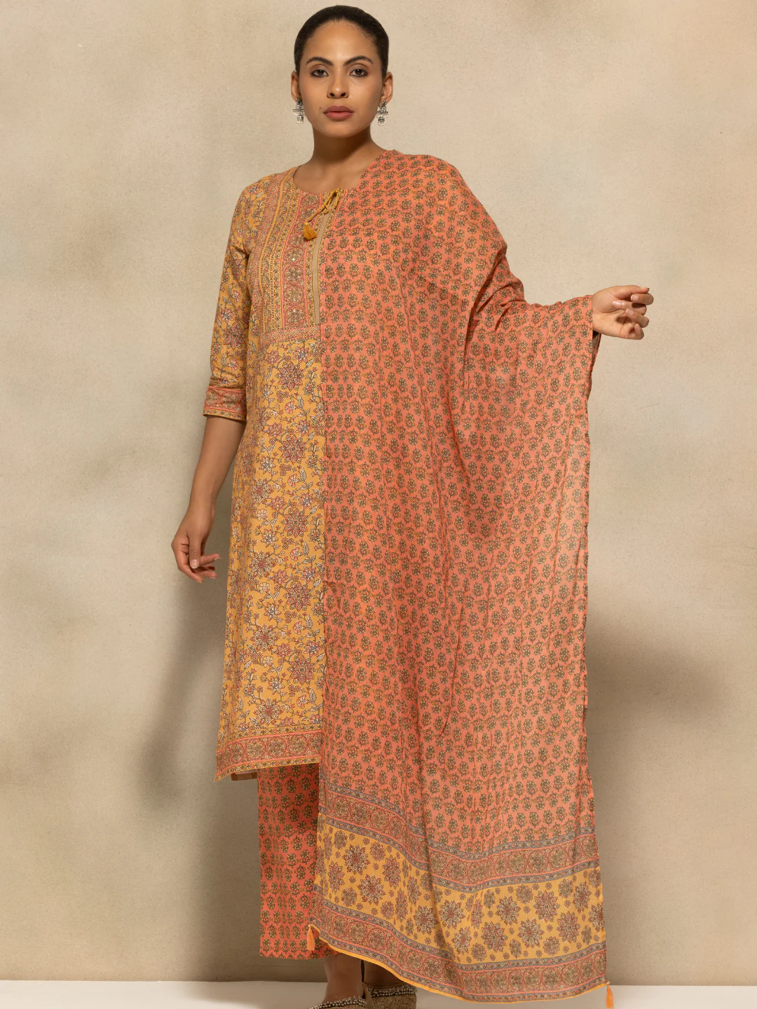 Mustard Printed Kurta 3 Pcs Set