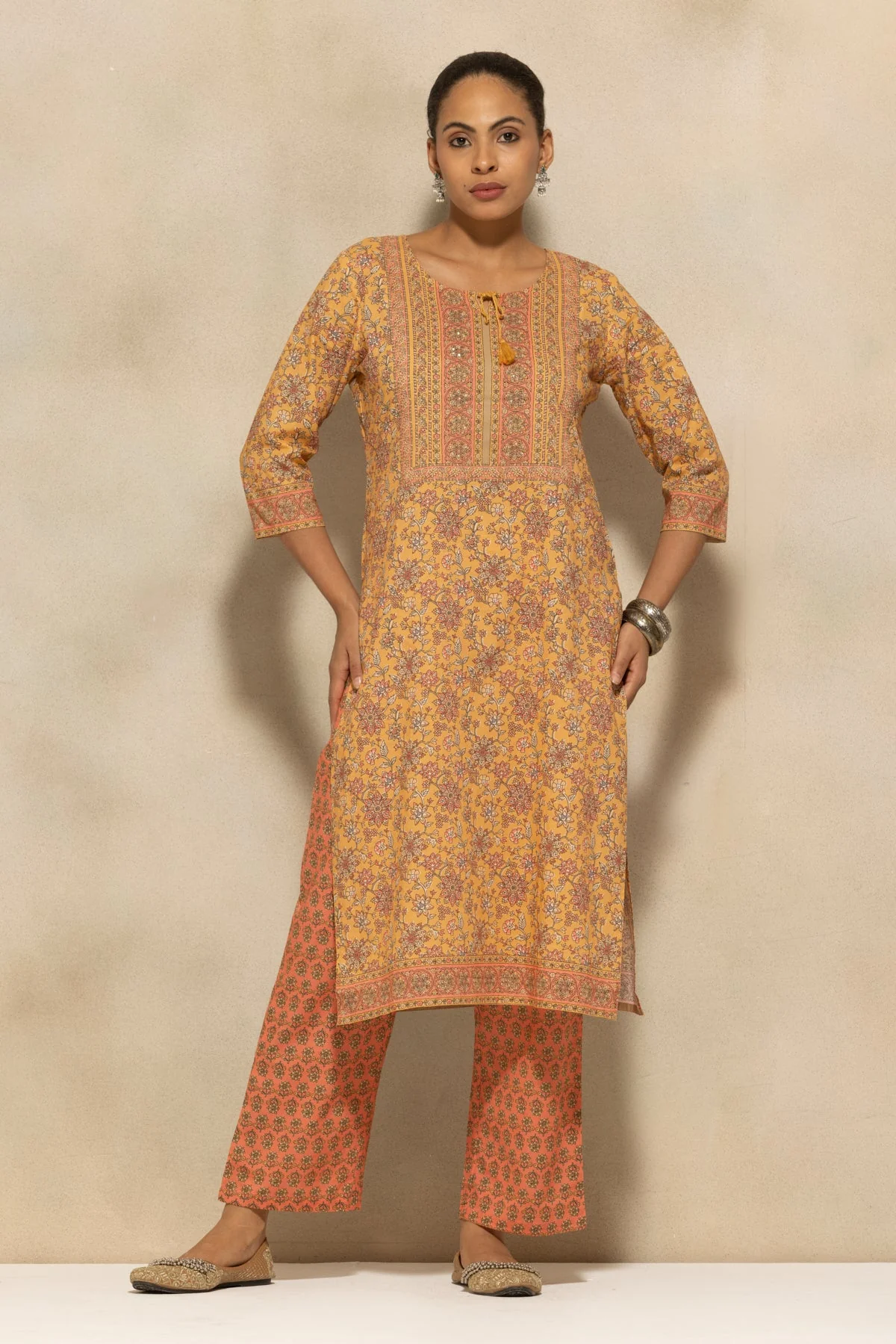 Mustard Printed Kurta 3 Pcs Set - Image 2