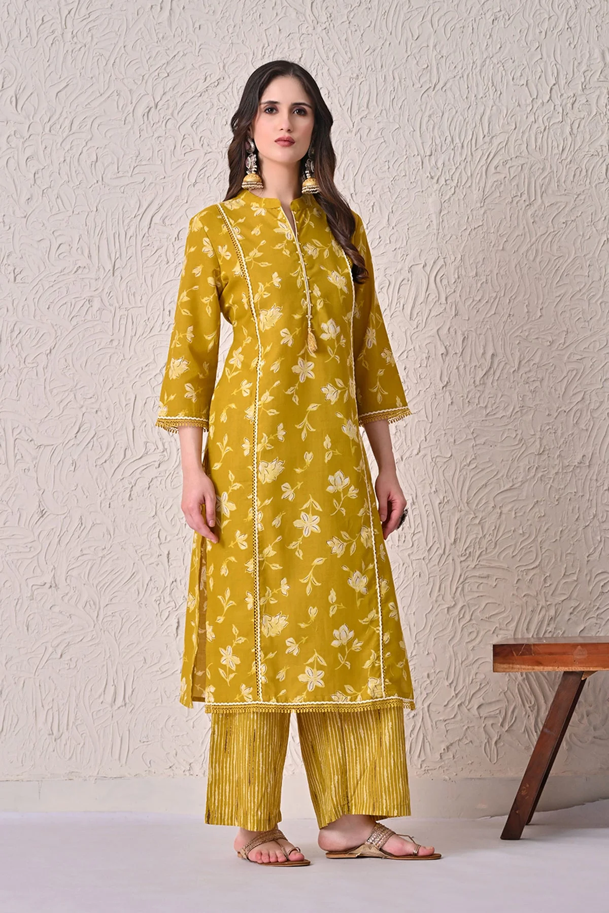 Mustard Printed Kurta 3 Pcs Set - Image 3