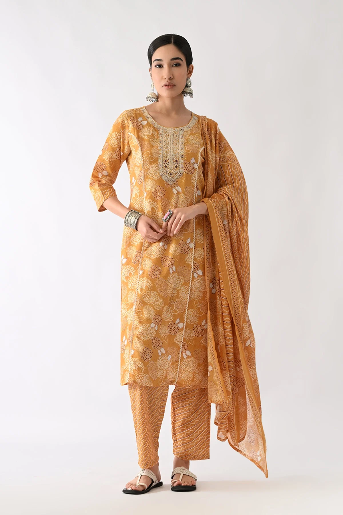 Mustard Printed Kurta 3 Pcs Set